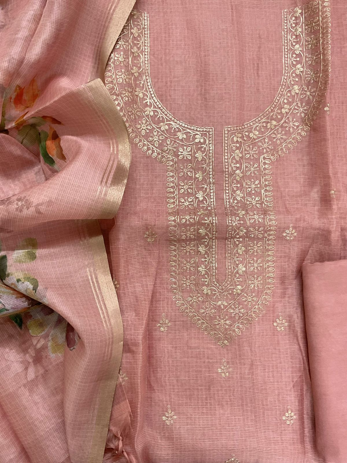 Soft Kota Silk Embroidered Suit - Peach