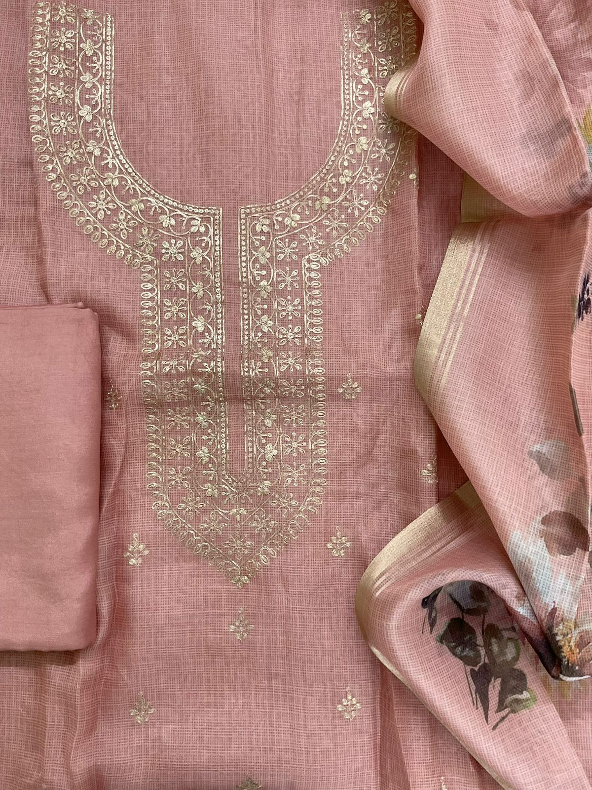 Soft Kota Silk Embroidered Suit - Peach