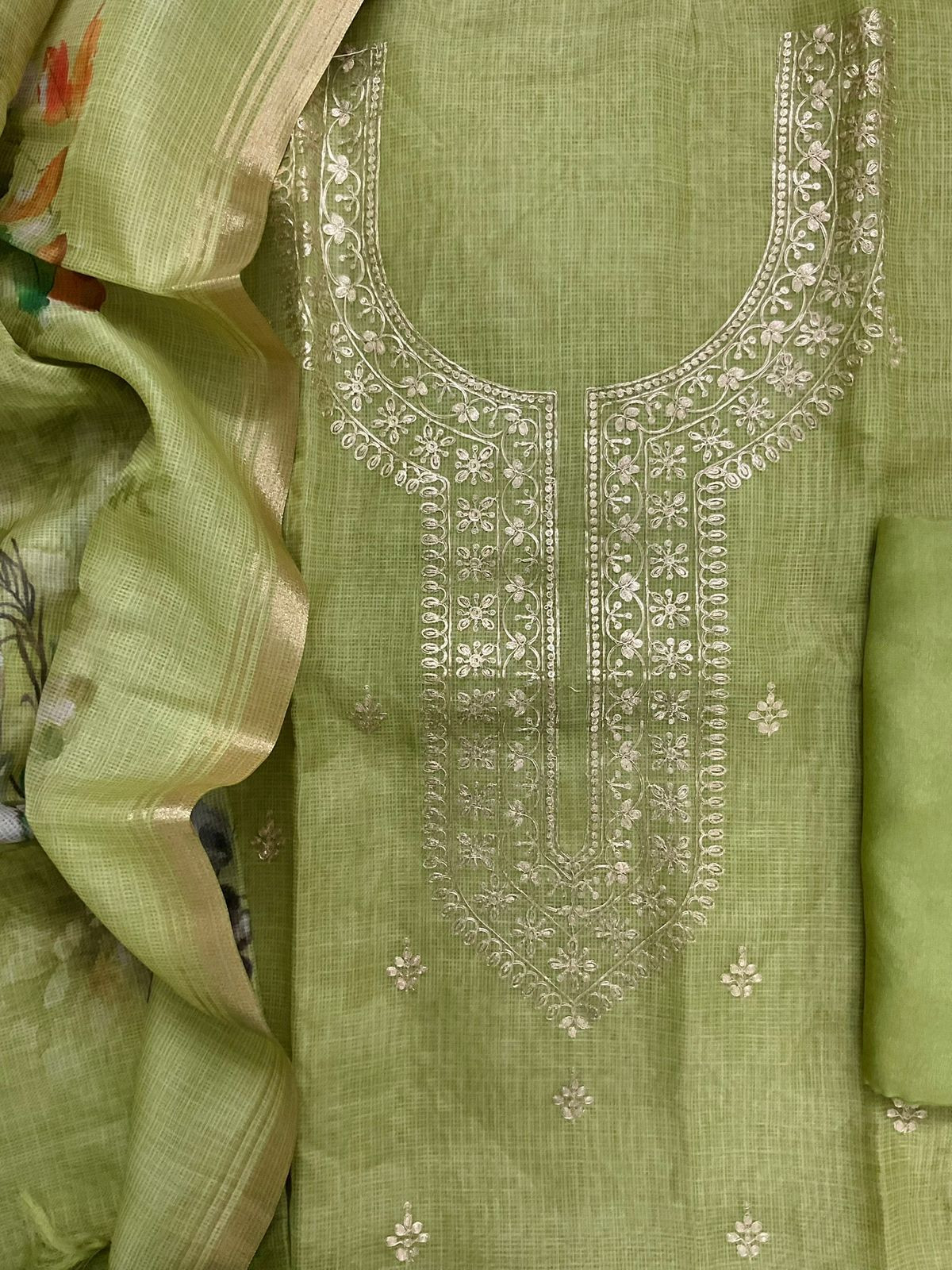 Soft Kota Silk Embroidered Suit - Green