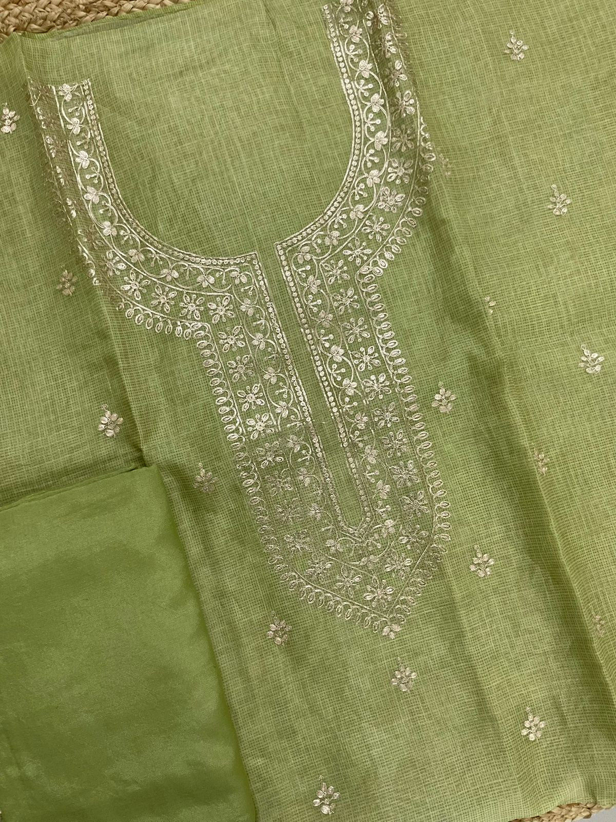 Soft Kota Silk Embroidered Suit - Green