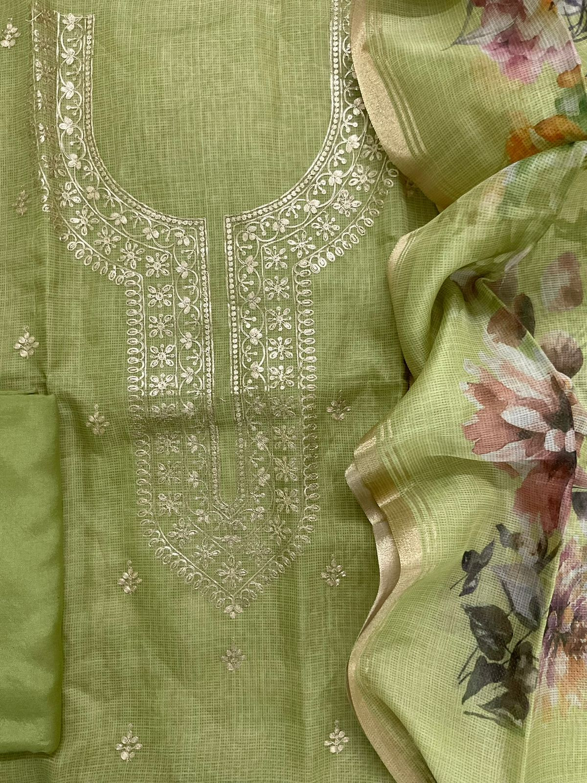 Soft Kota Silk Embroidered Suit - Green