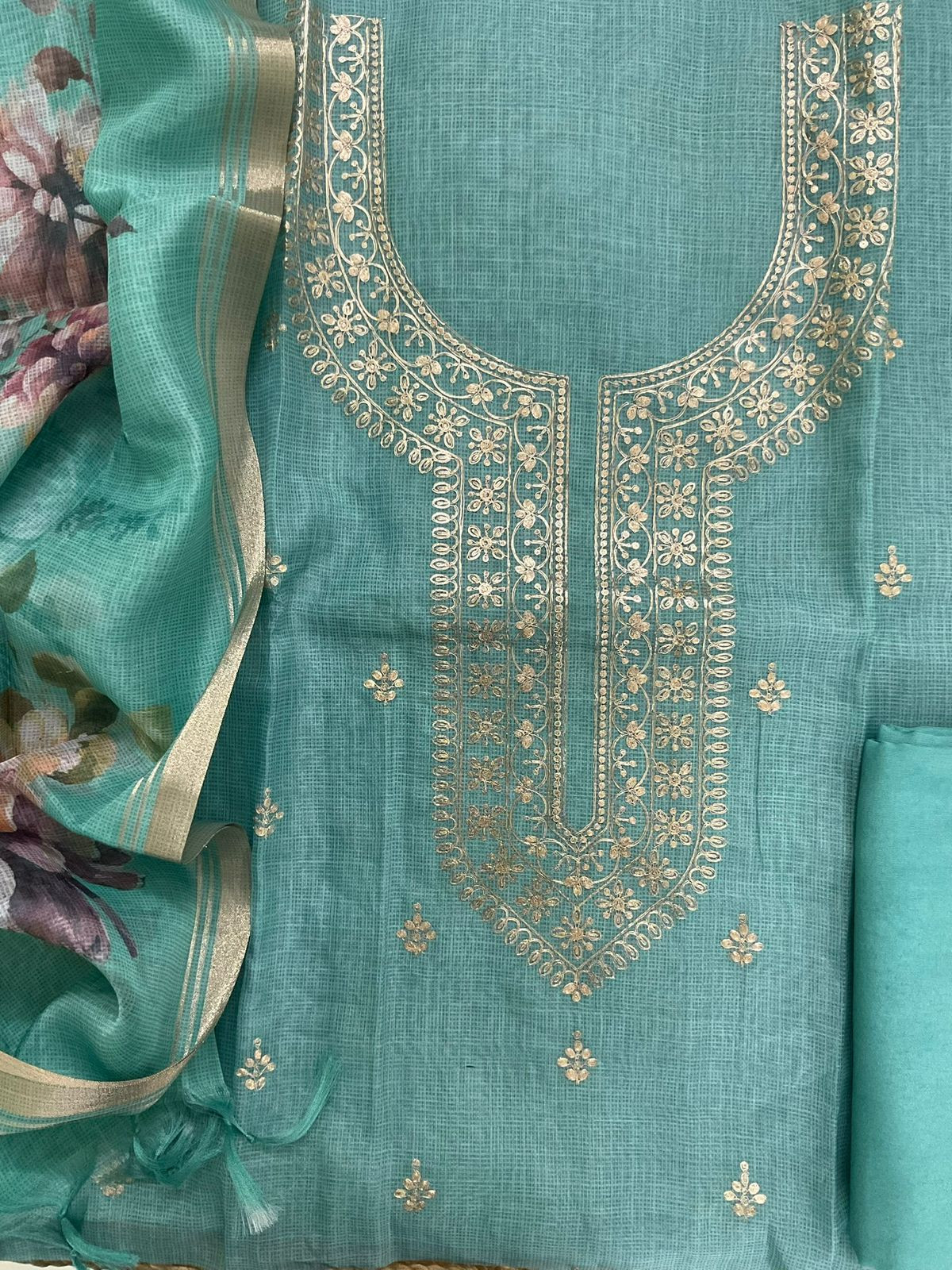 Soft Kota Silk Embroidered Suit - Blue