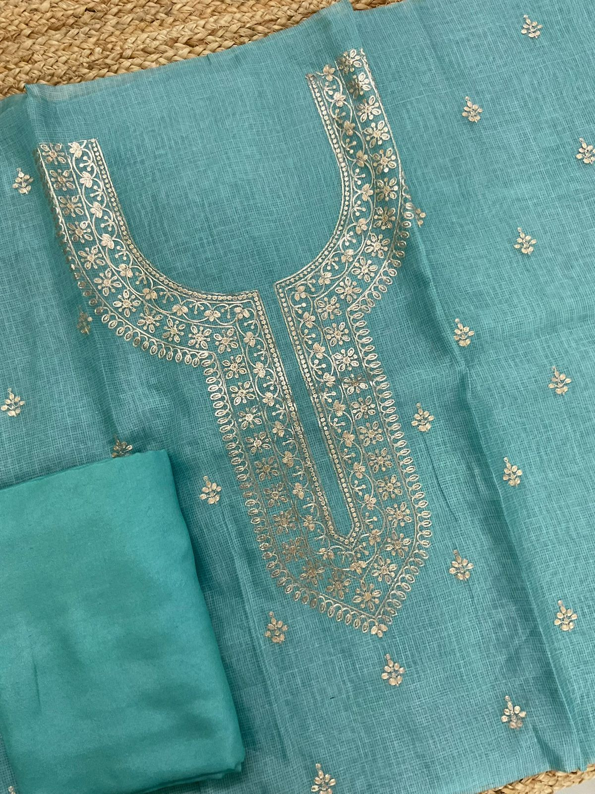 Soft Kota Silk Embroidered Suit - Blue