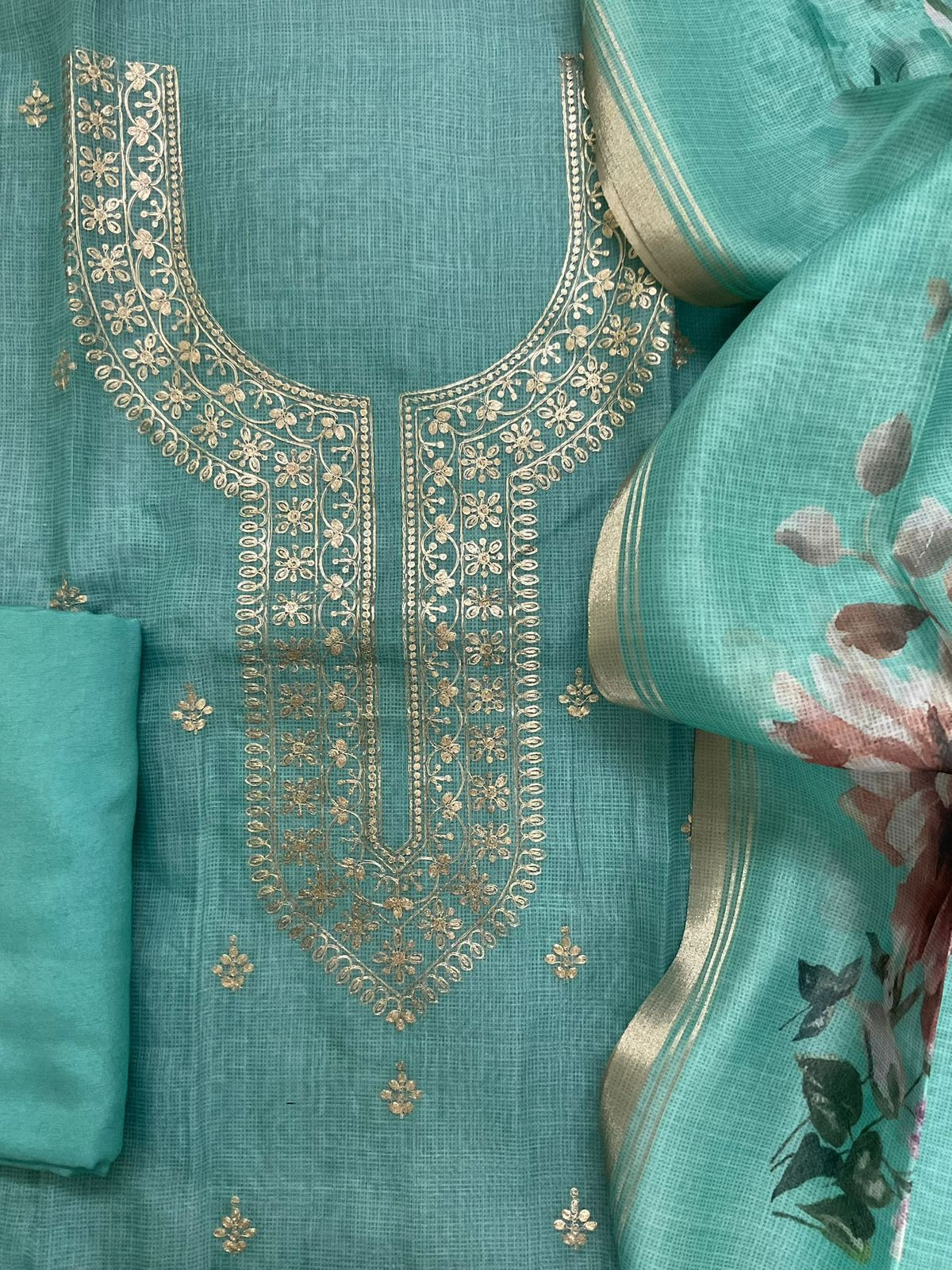 Soft Kota Silk Embroidered Suit - Blue