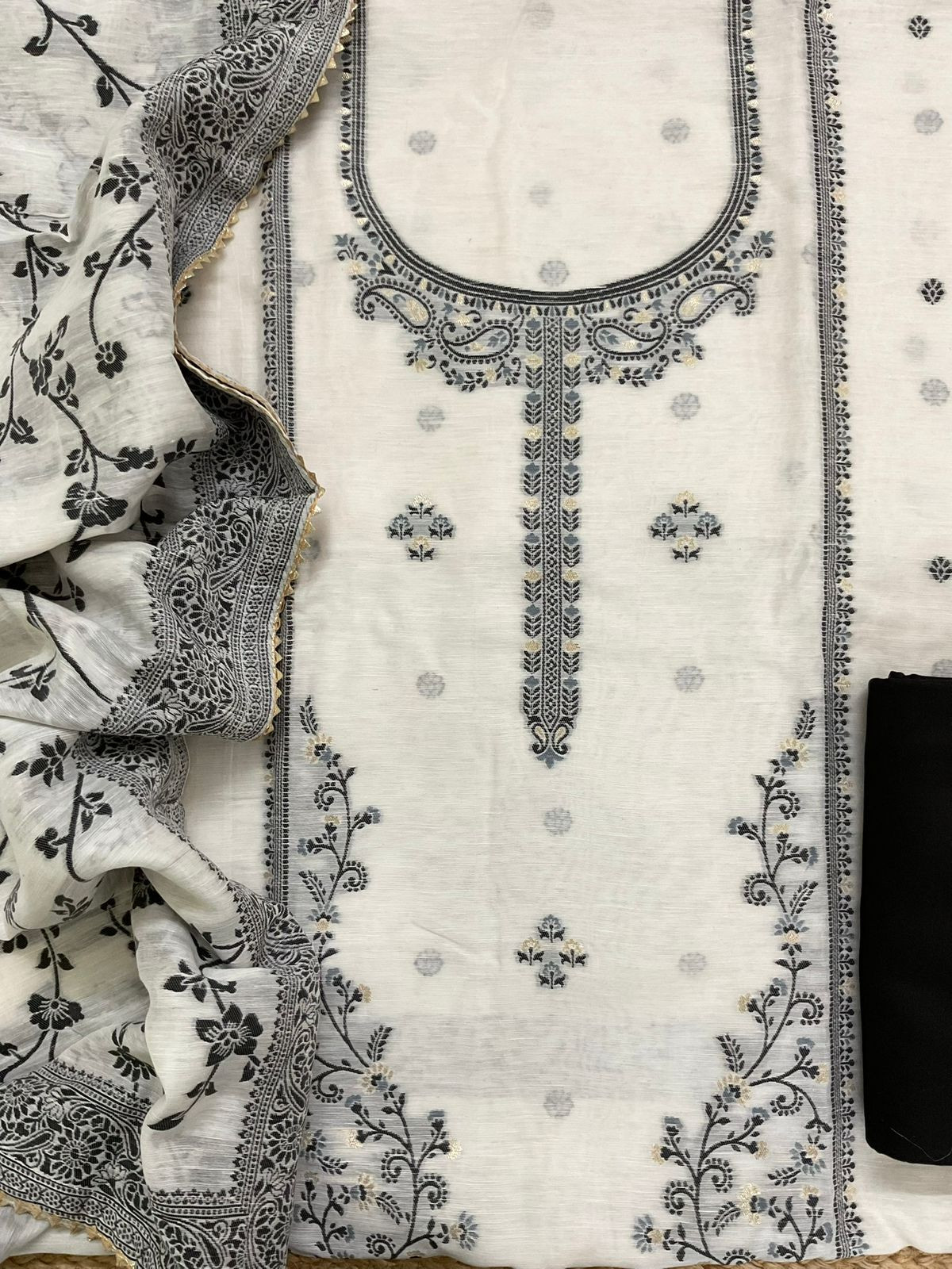 Pure Linen Silk Jamdani Weaved Suit - Off White