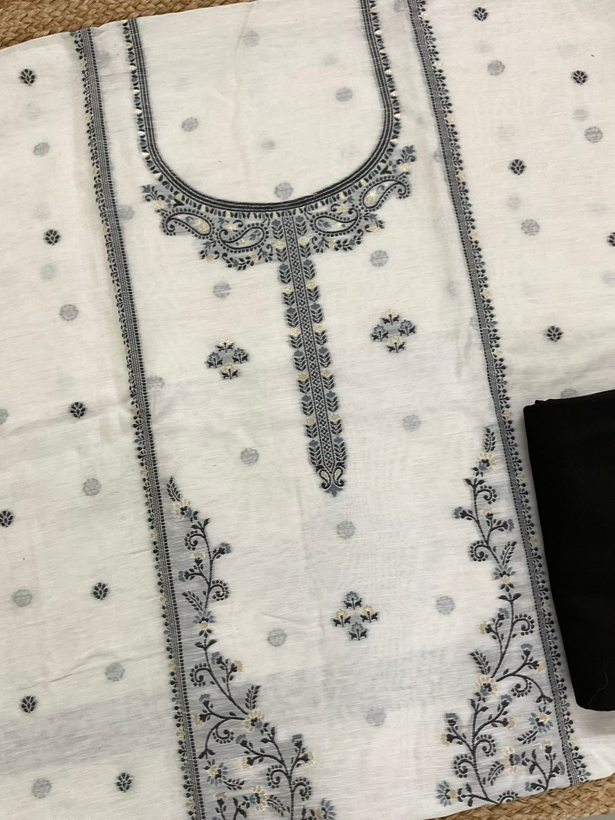 Pure Linen Silk Jamdani Weaved Suit - Off White