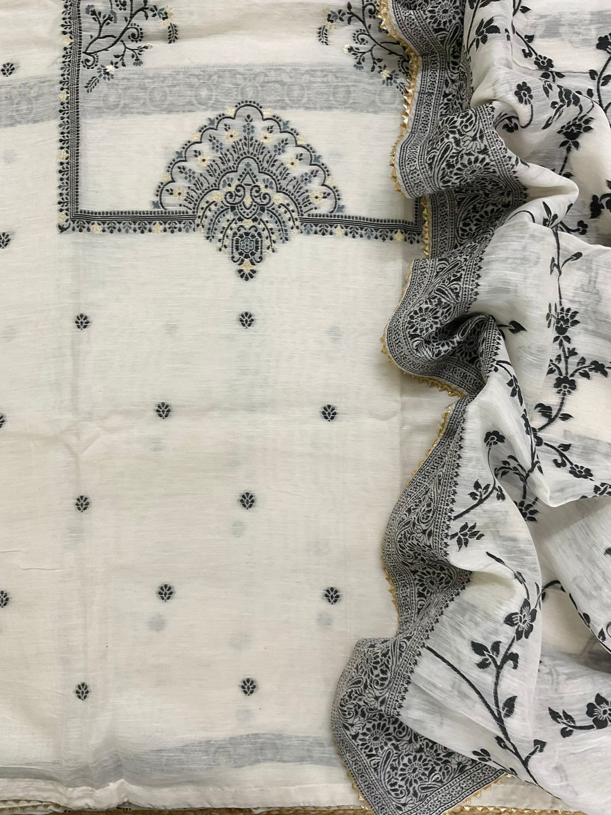 Pure Linen Silk Jamdani Weaved Suit - Off White