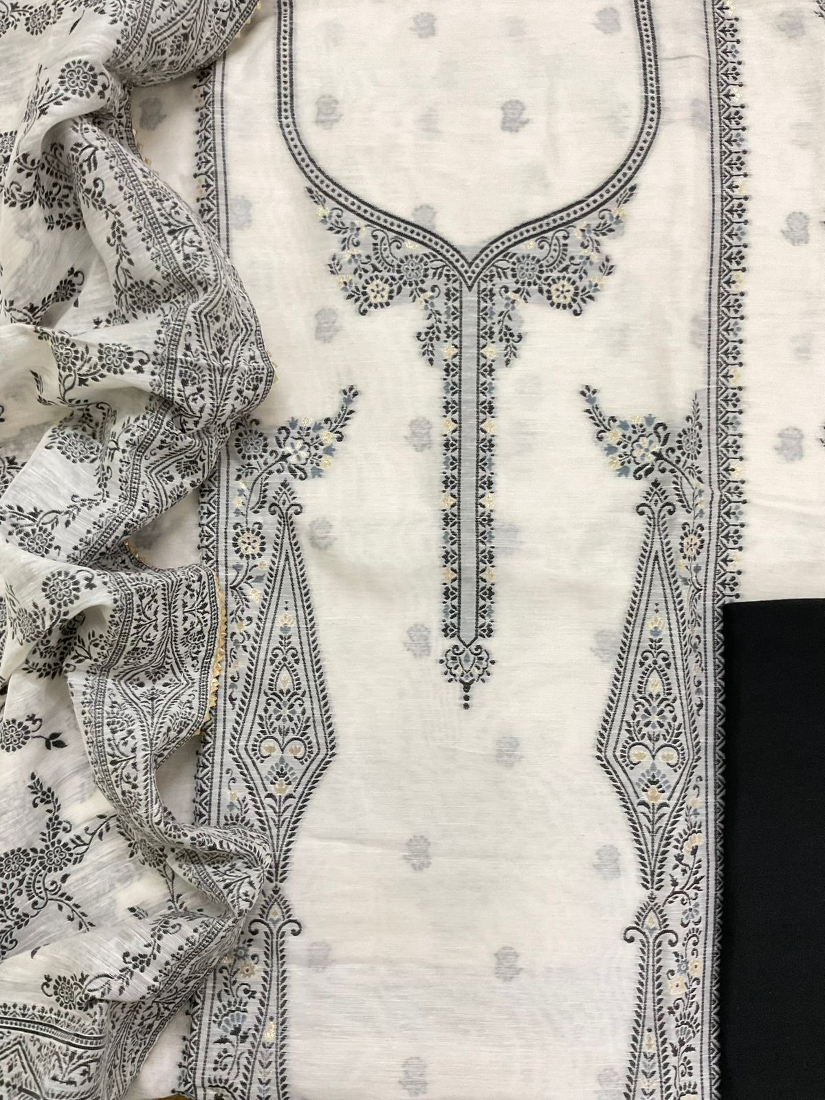 Pure Linen Silk Jamdani Weaved Suit - Off White