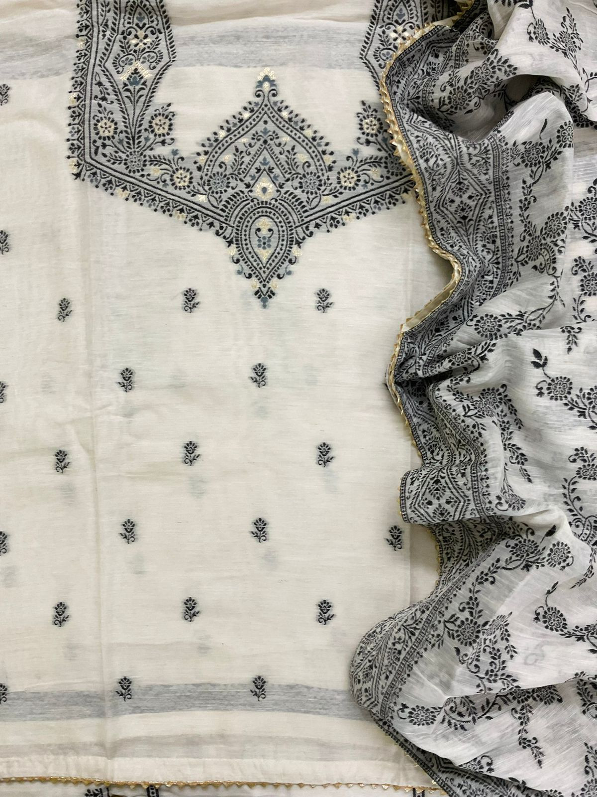 Pure Linen Silk Jamdani Weaved Suit - Off White