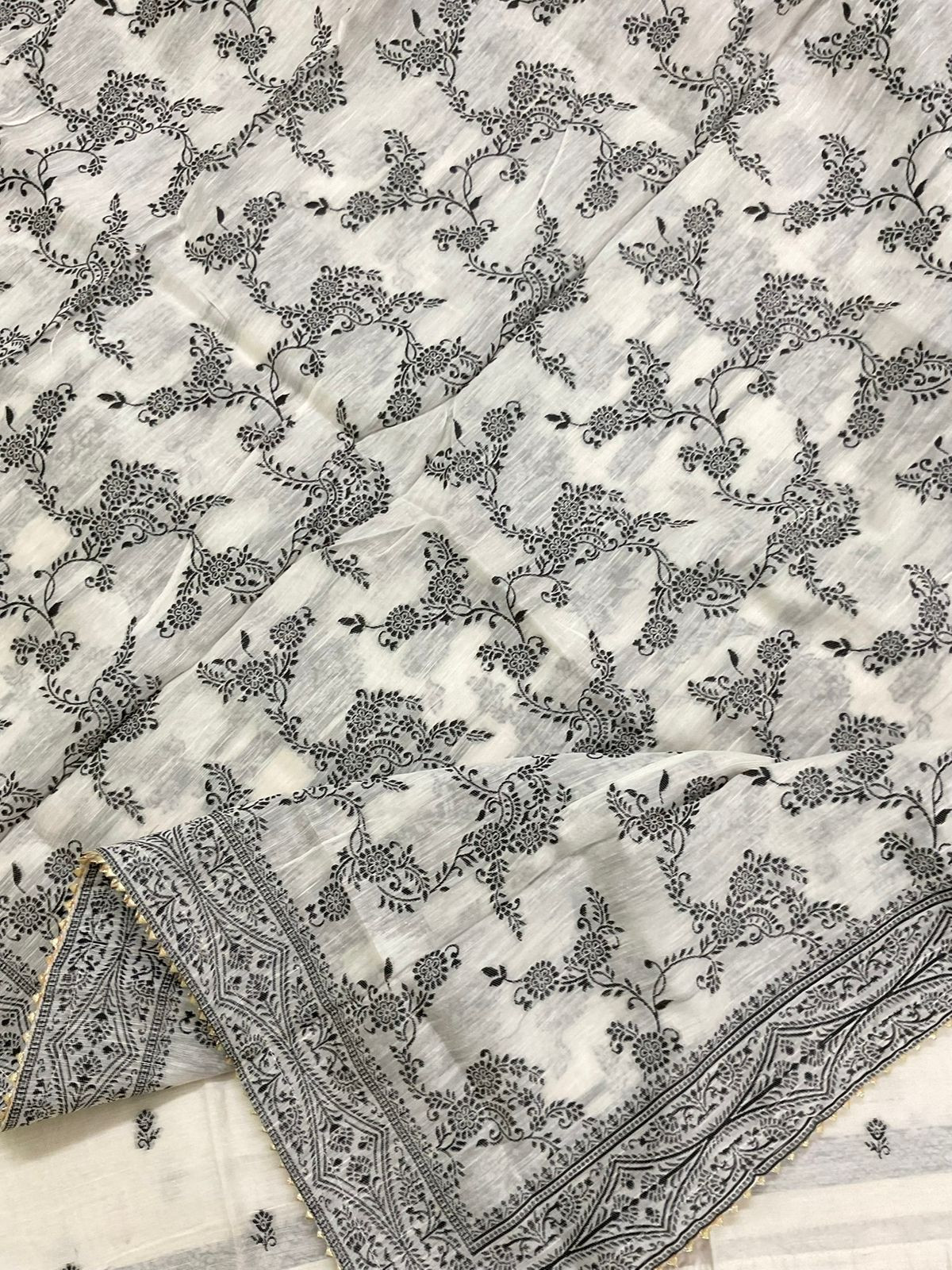 Pure Linen Silk Jamdani Weaved Suit - Off White