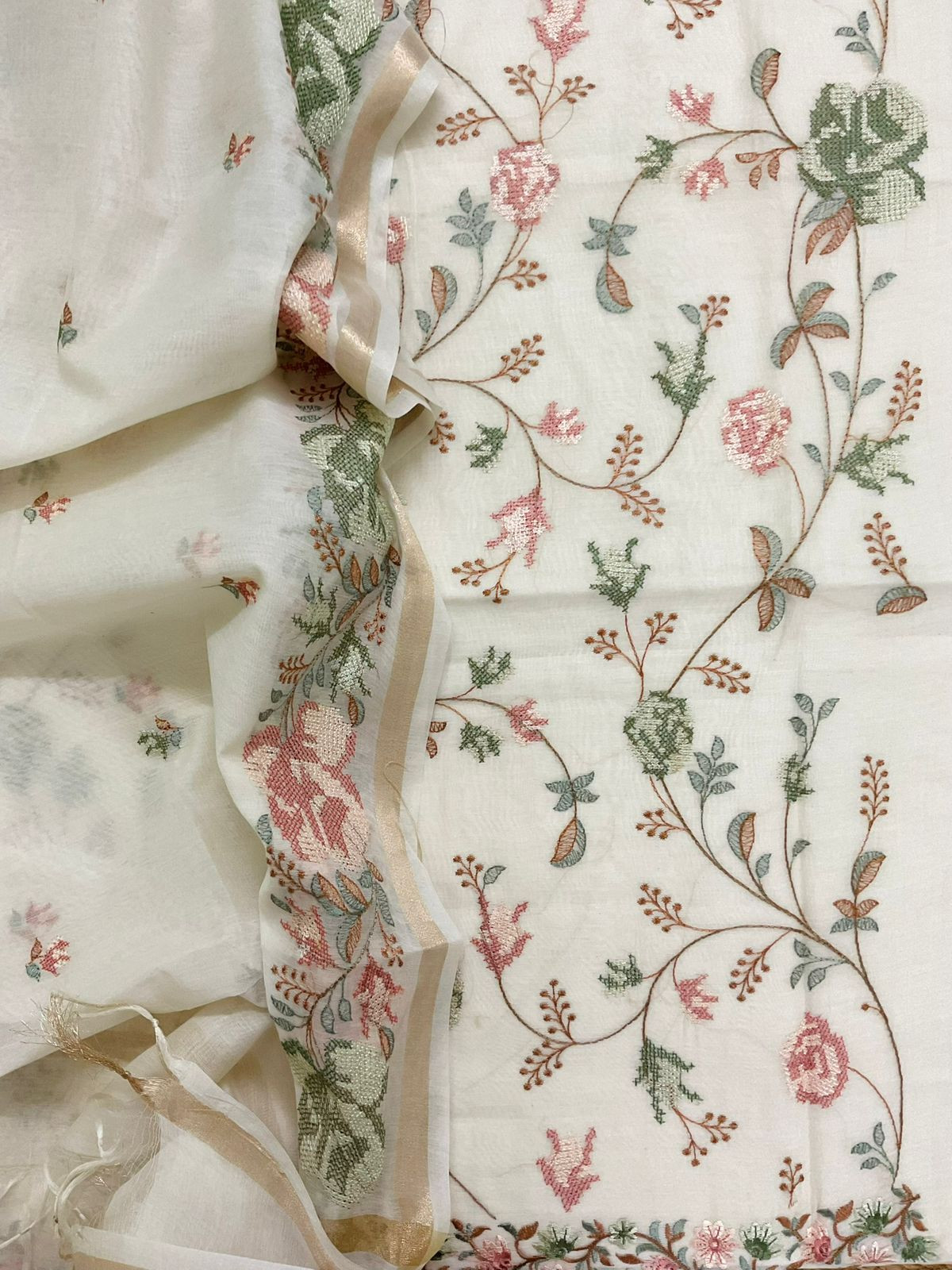 Pure Chanderi Embroidered Suit - Off White