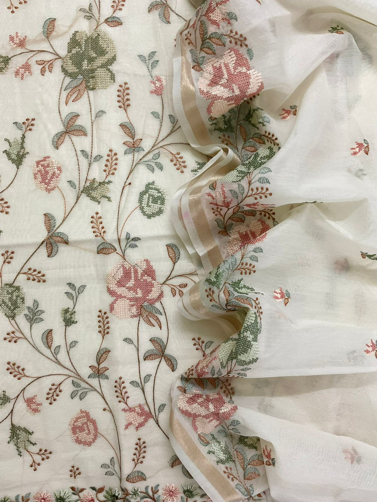 Pure Chanderi Embroidered Suit - Off White