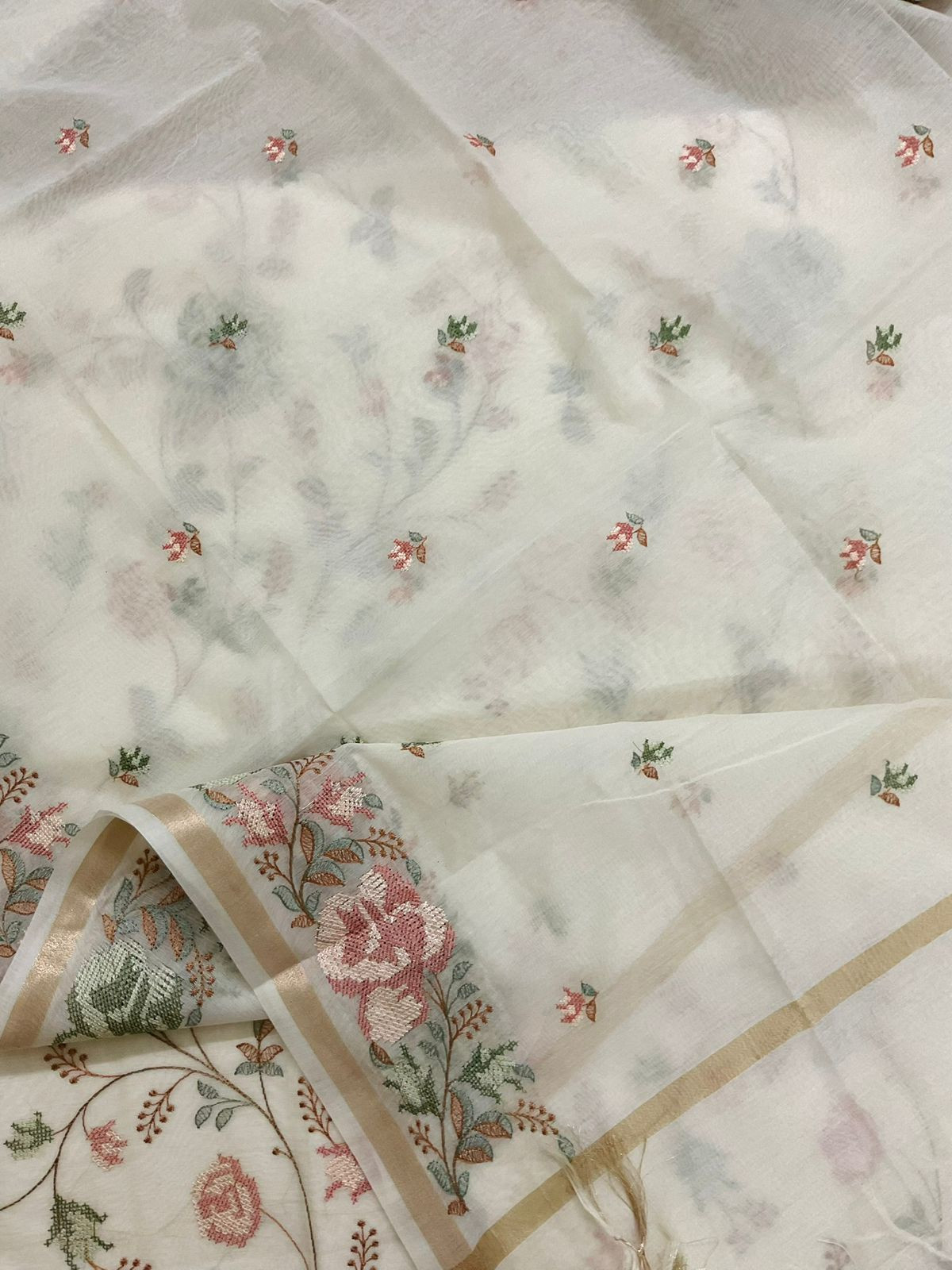 Pure Chanderi Embroidered Suit - Off White