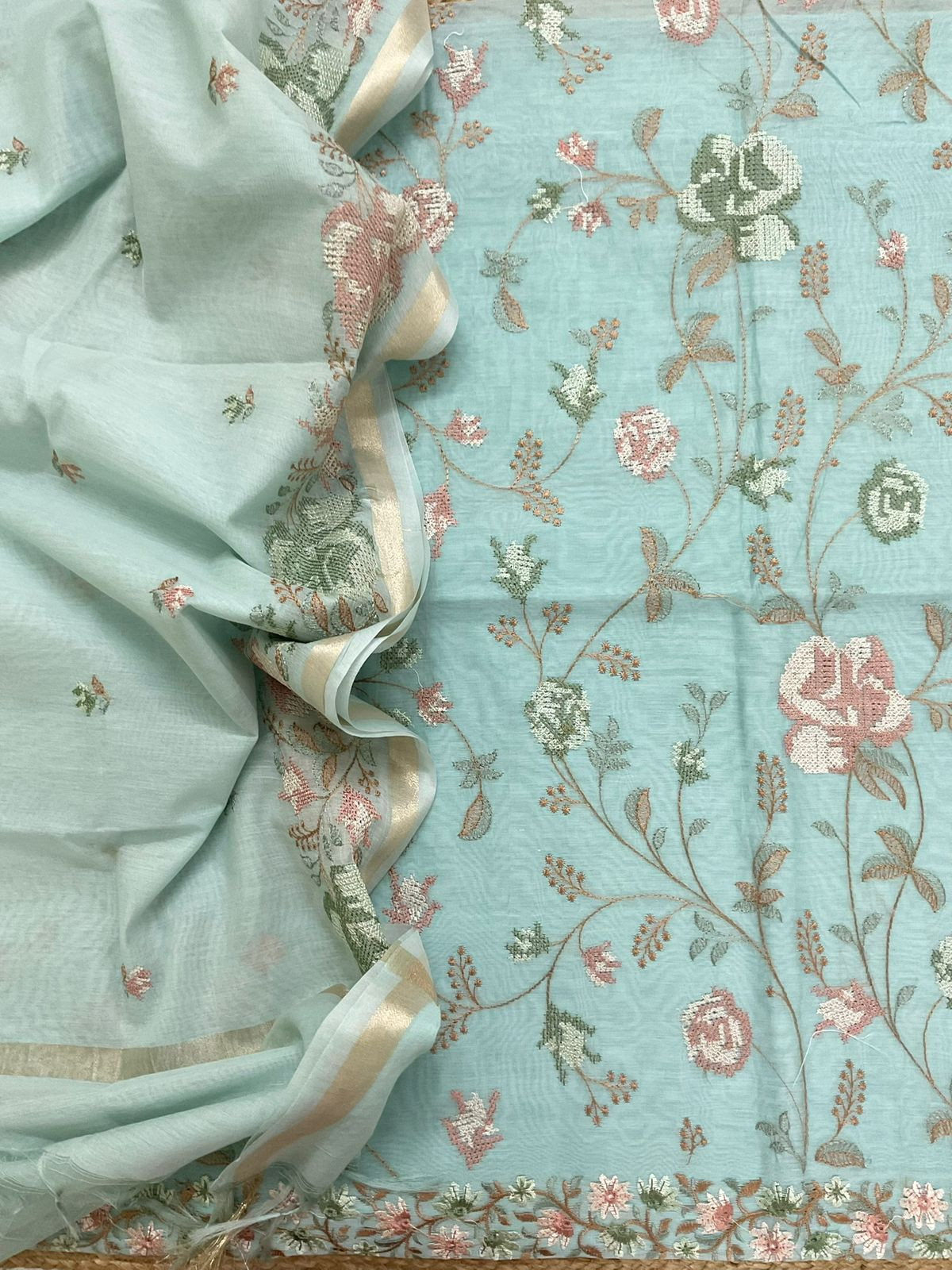 Pure Chanderi Embroidered Suit - Blue