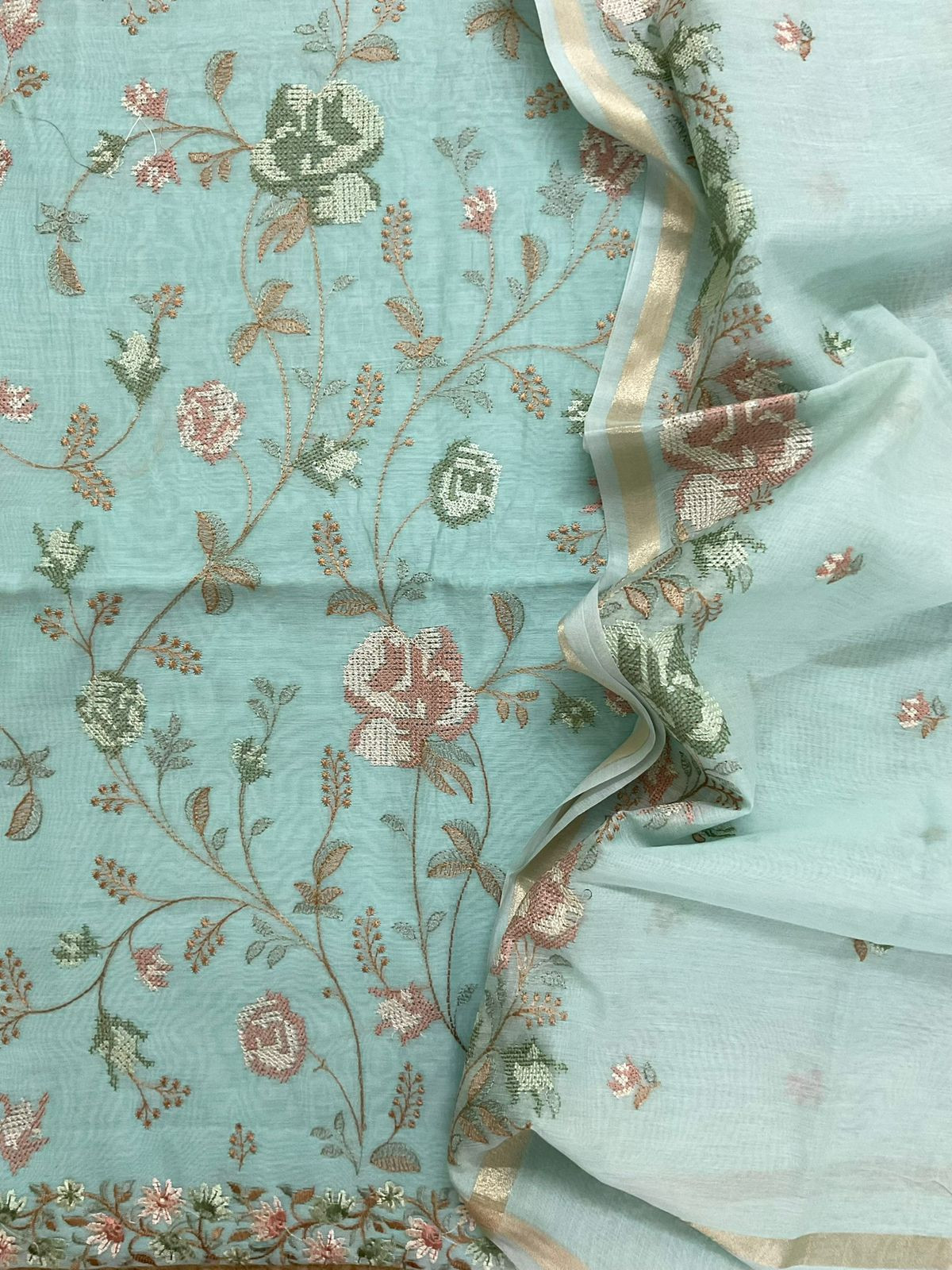 Pure Chanderi Embroidered Suit - Blue