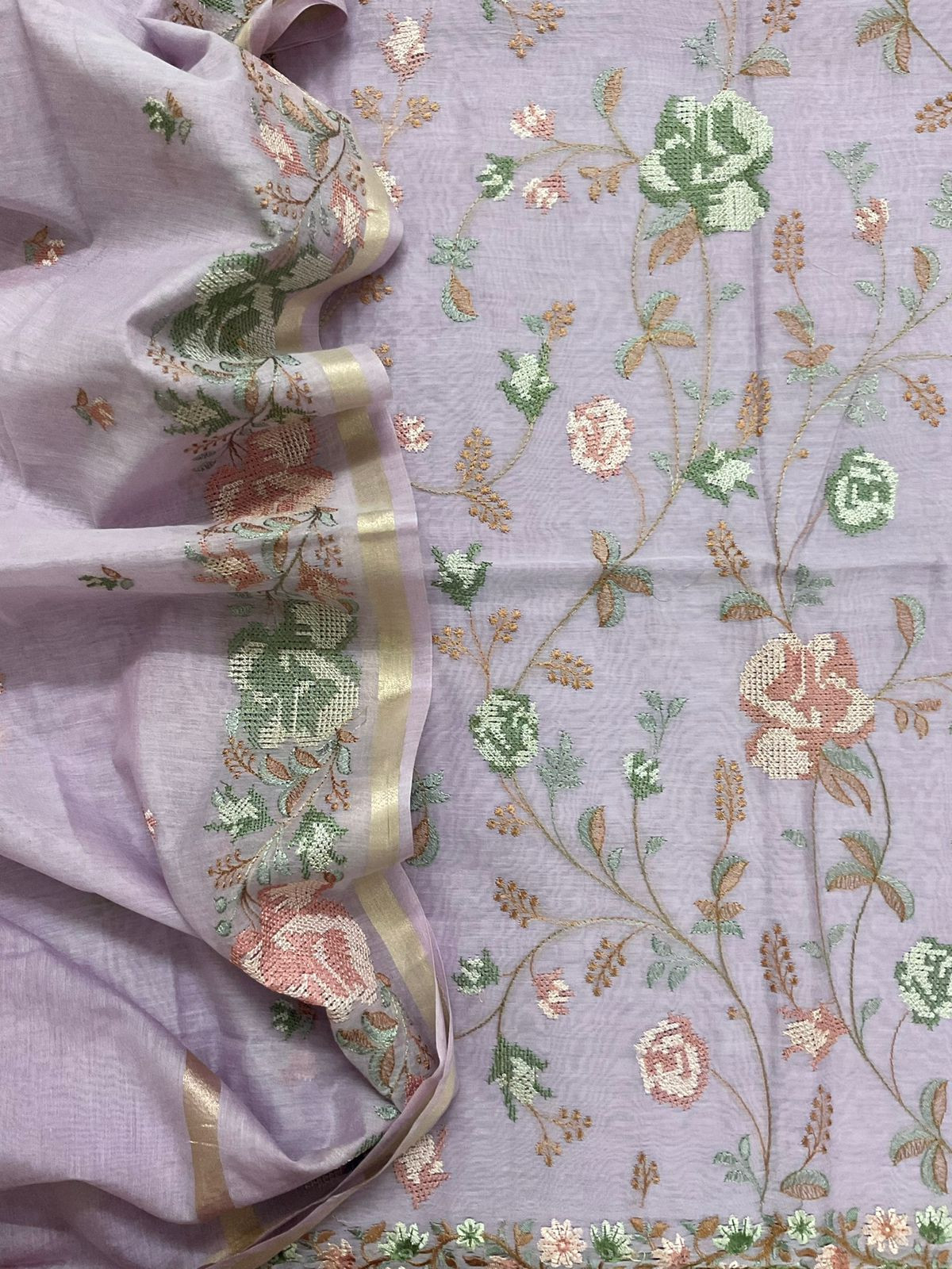 Pure Chanderi Embroidered Suit - Lavender
