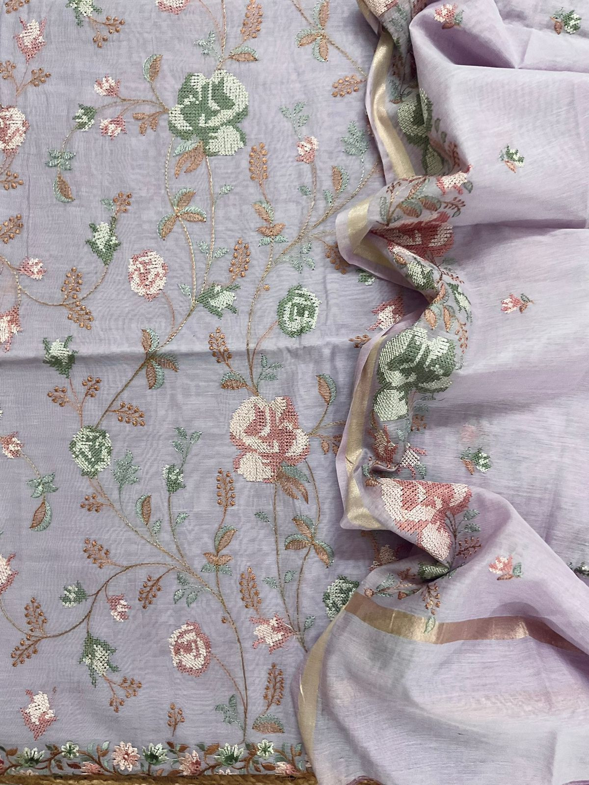 Pure Chanderi Embroidered Suit - Lavender