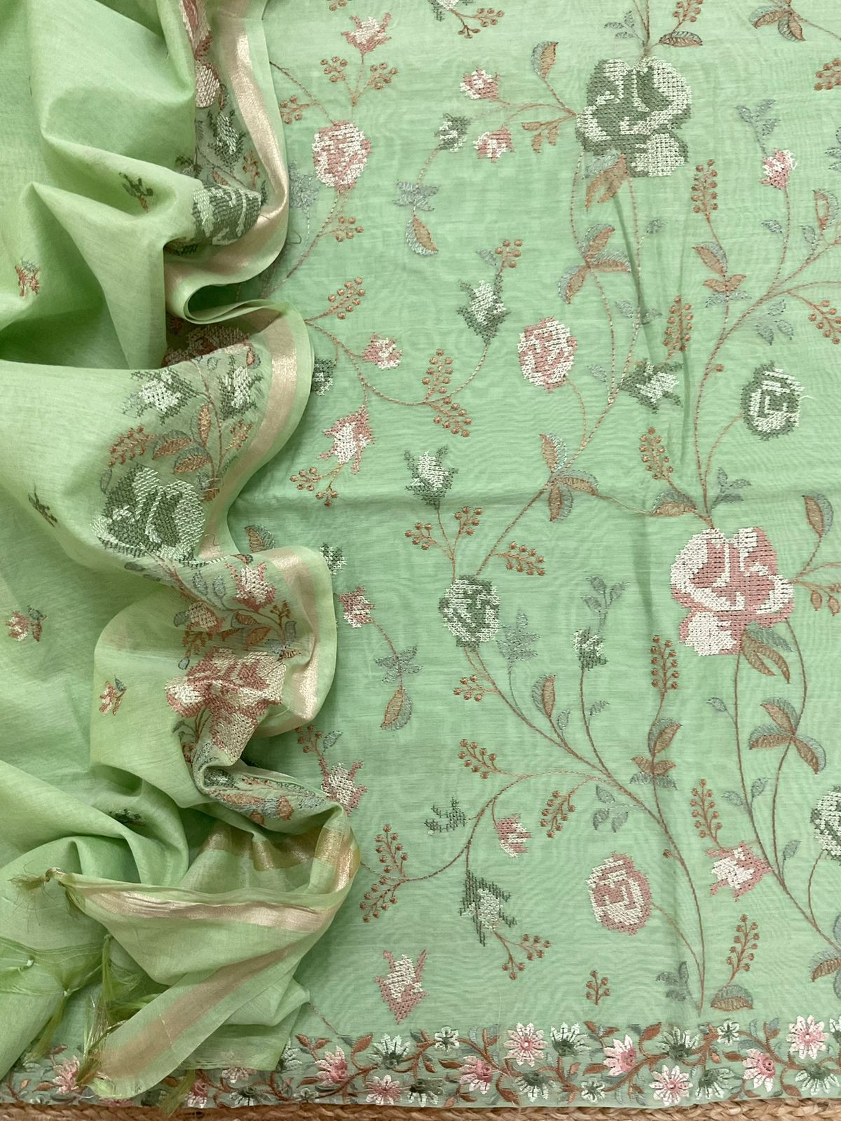 Pure Chanderi Embroidered Suit - Green