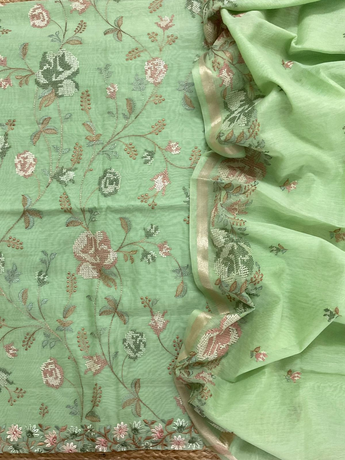 Pure Chanderi Embroidered Suit - Green
