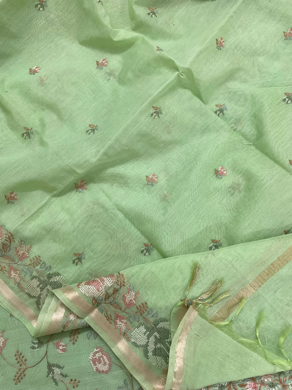Pure Chanderi Embroidered Suit - Green