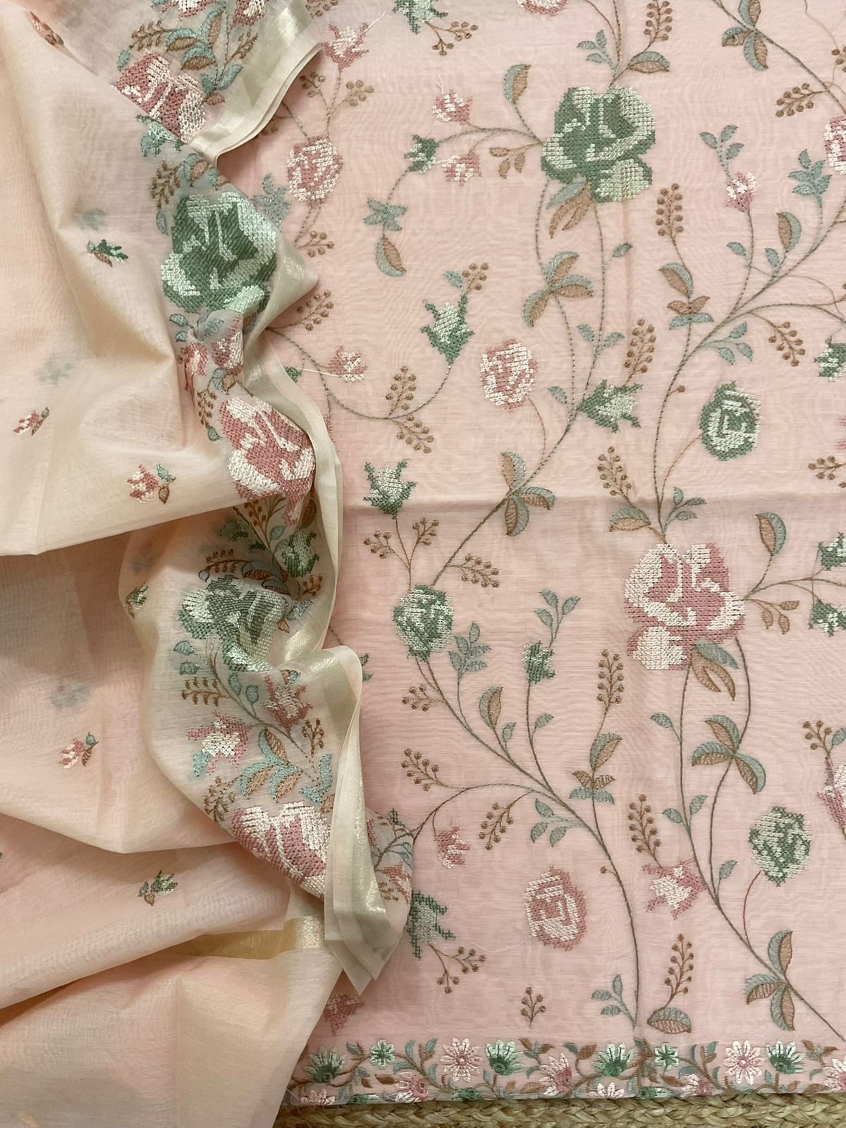 Pure Chanderi Embroidered Suit - Peach