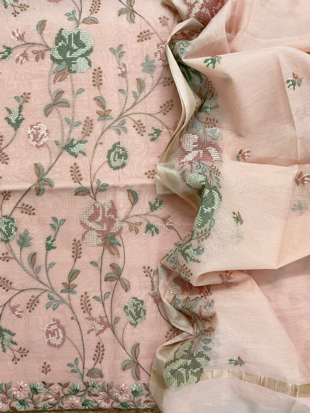 Pure Chanderi Embroidered Suit - Peach