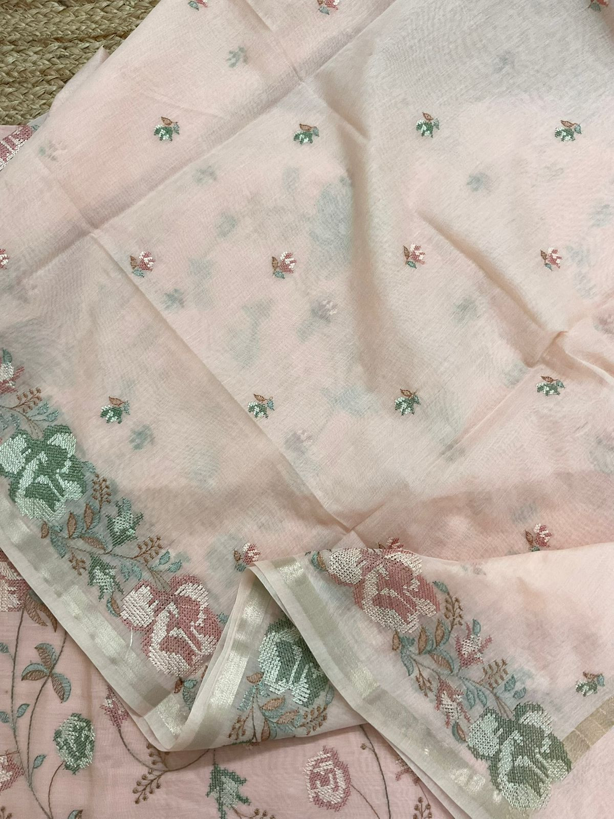 Pure Chanderi Embroidered Suit - Peach