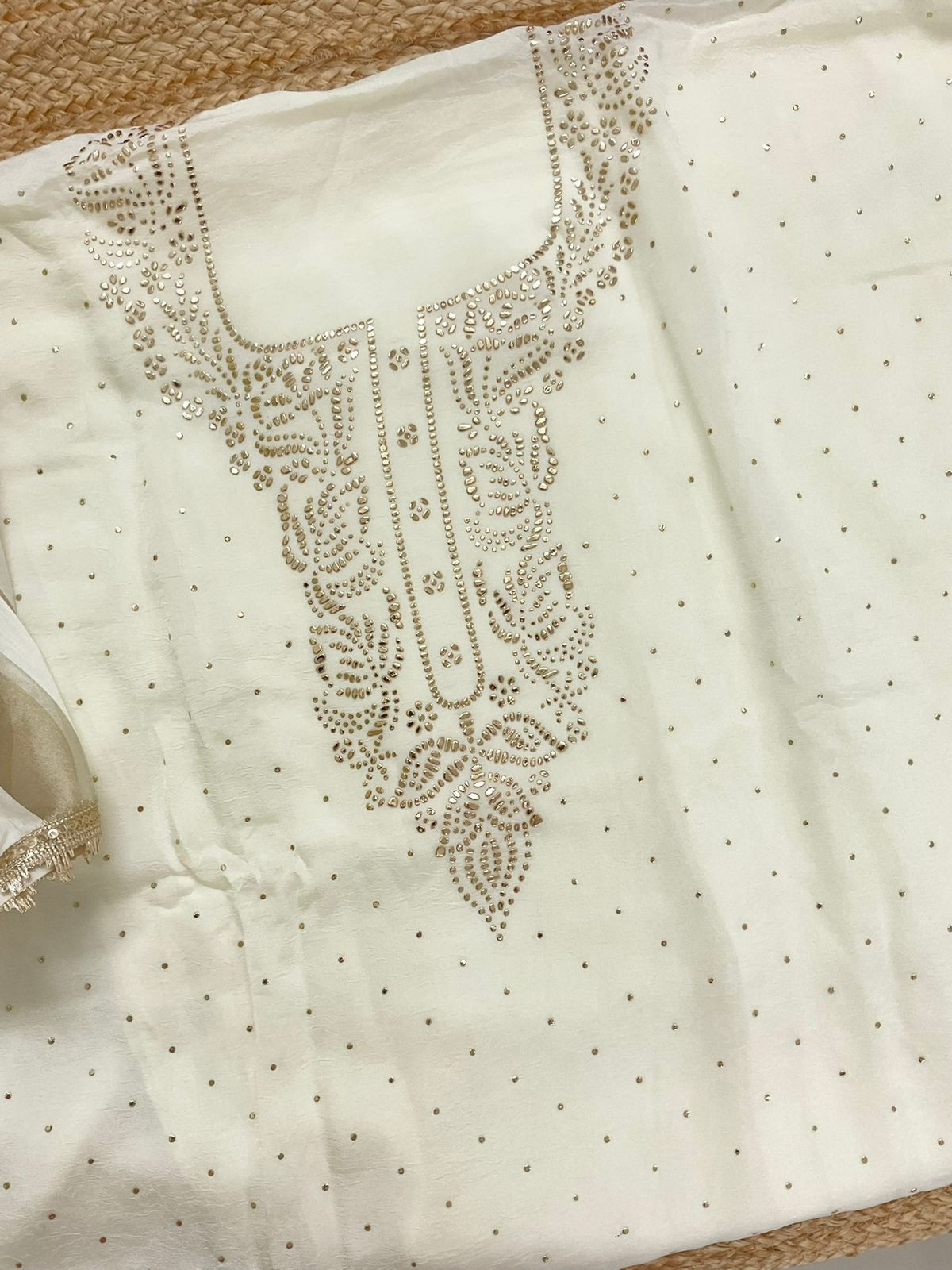 Soft Crush Silk Embroidered Suit - Off White