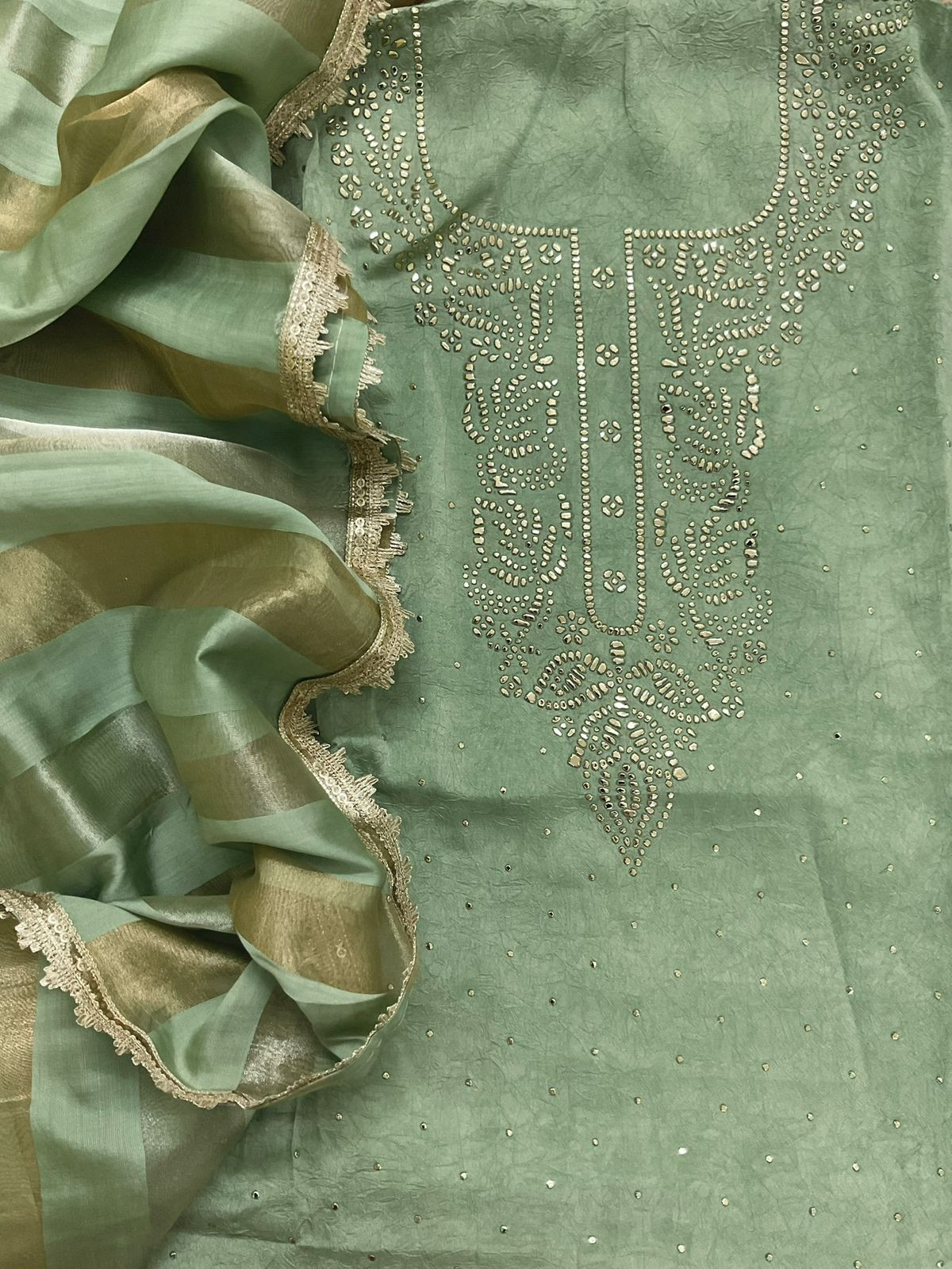Soft Crush Silk Embroidered Suit - Green