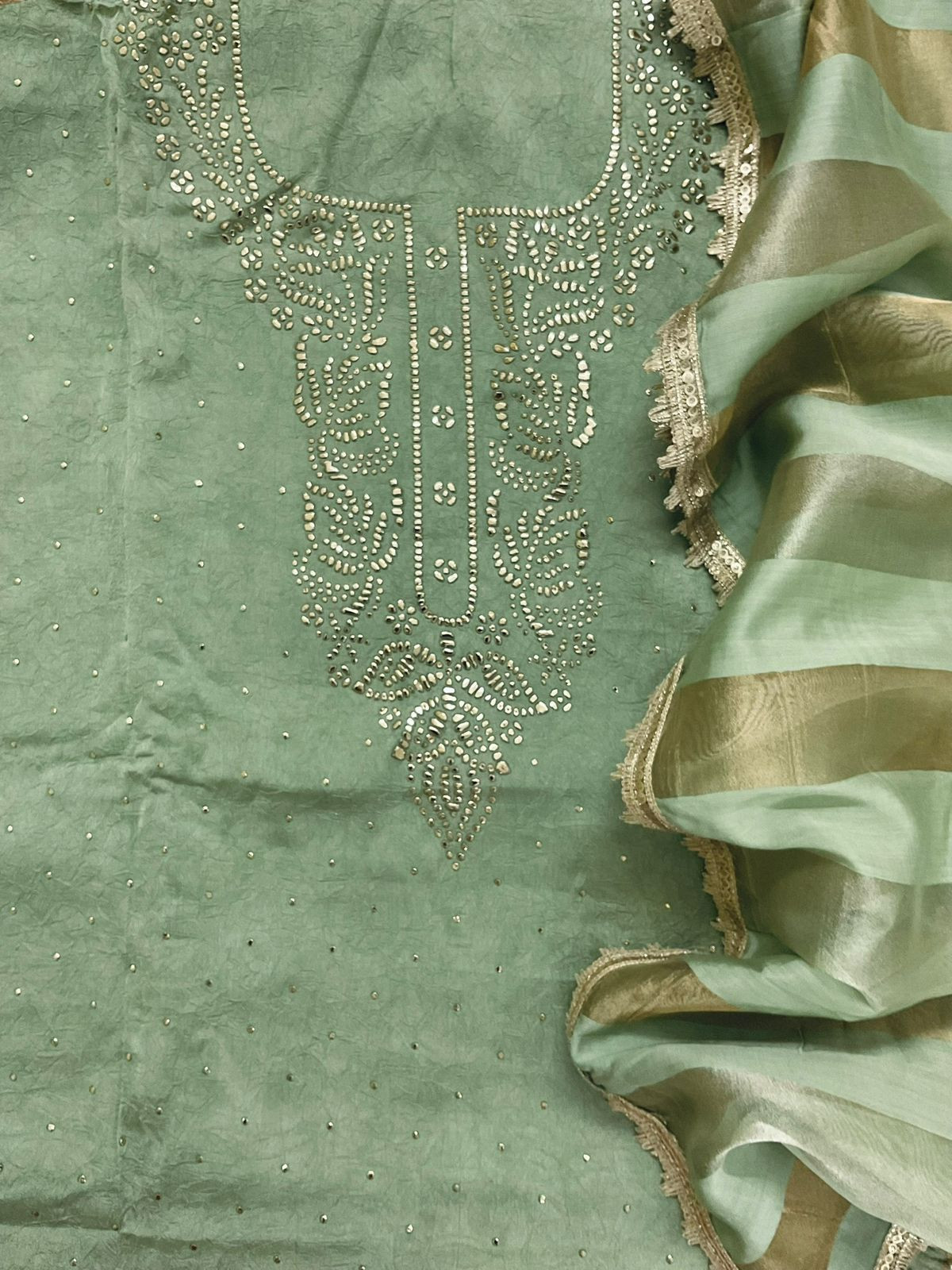 Soft Crush Silk Embroidered Suit - Green