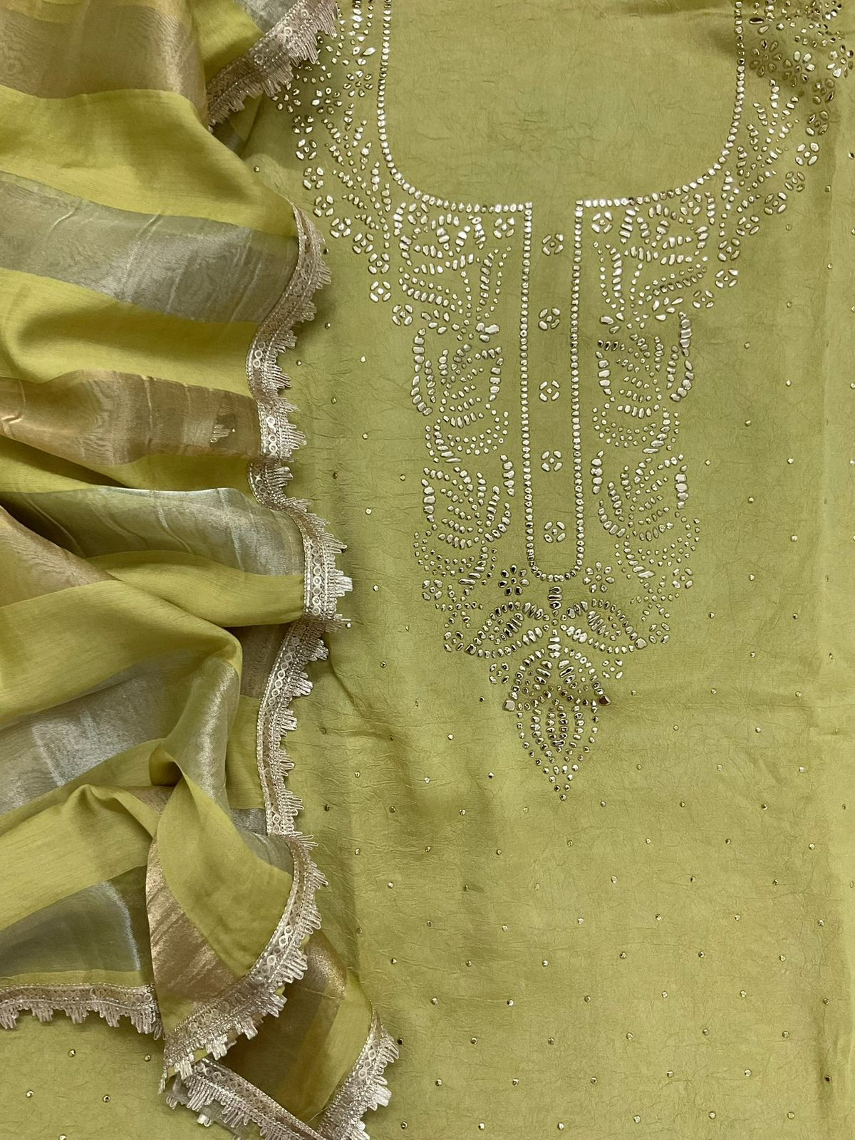 Soft Crush Silk Embroidered Suit - Greenish Yellow