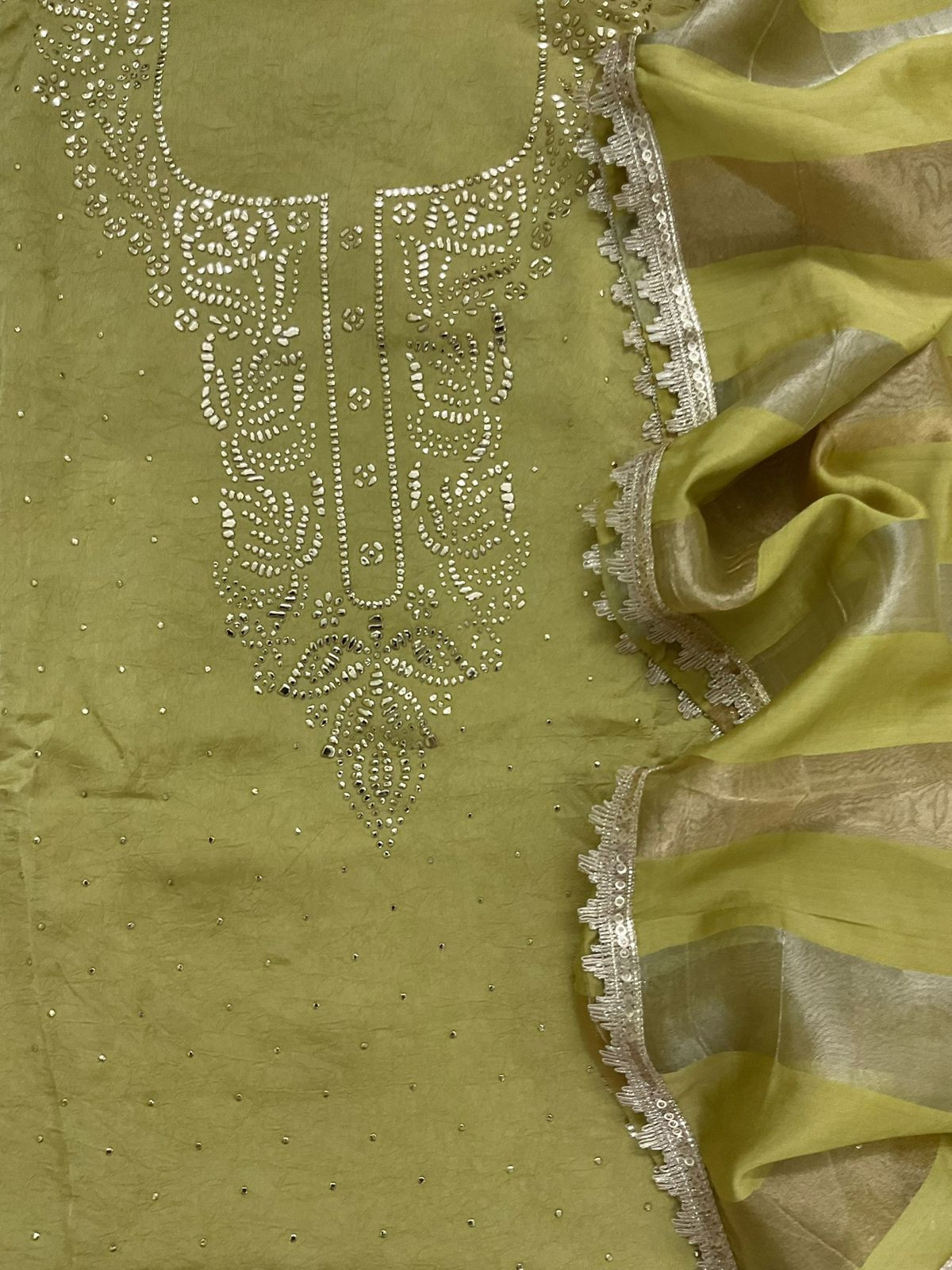 Soft Crush Silk Embroidered Suit - Greenish Yellow