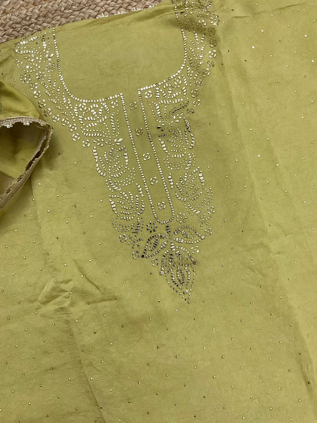 Soft Crush Silk Embroidered Suit - Greenish Yellow