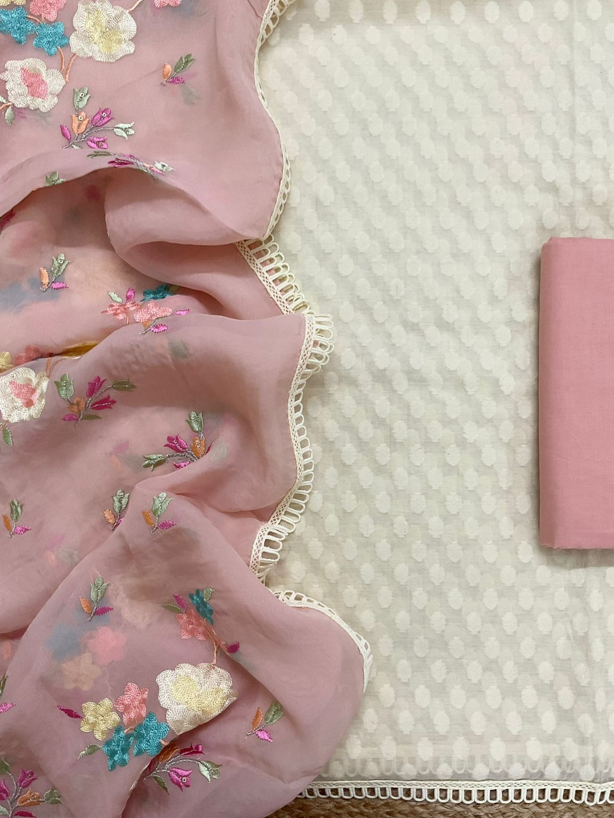 Pure Chanderi Self Weaved Embroidered Suit - Cream