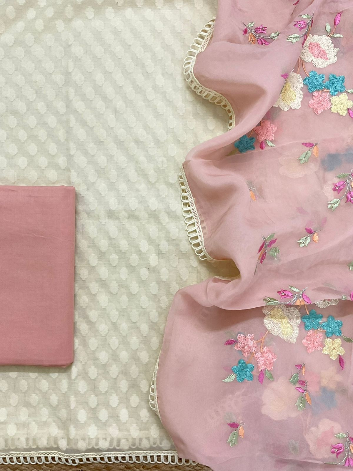 Pure Chanderi Self Weaved Embroidered Suit - Cream