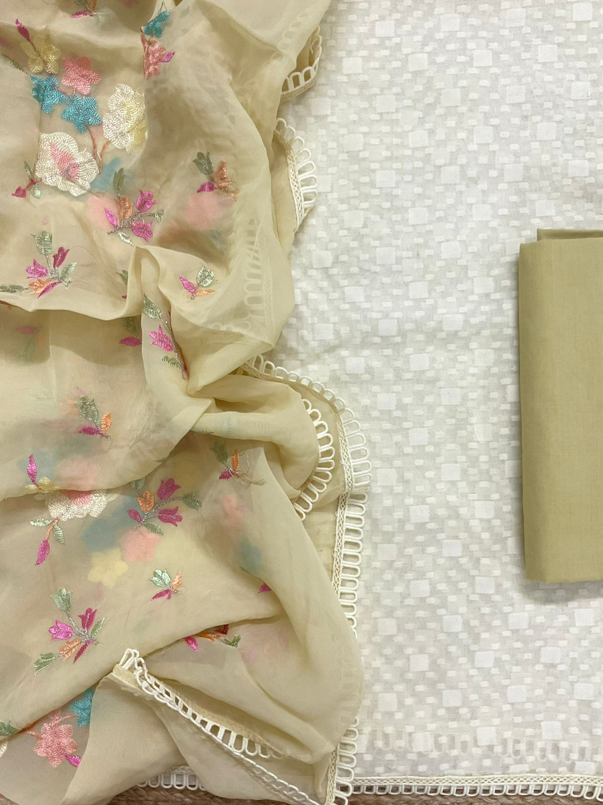 Pure Chanderi Self Weaved Embroidered Suit - Cream