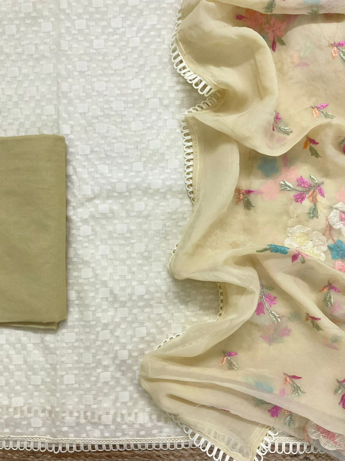 Pure Chanderi Self Weaved Embroidered Suit - Cream