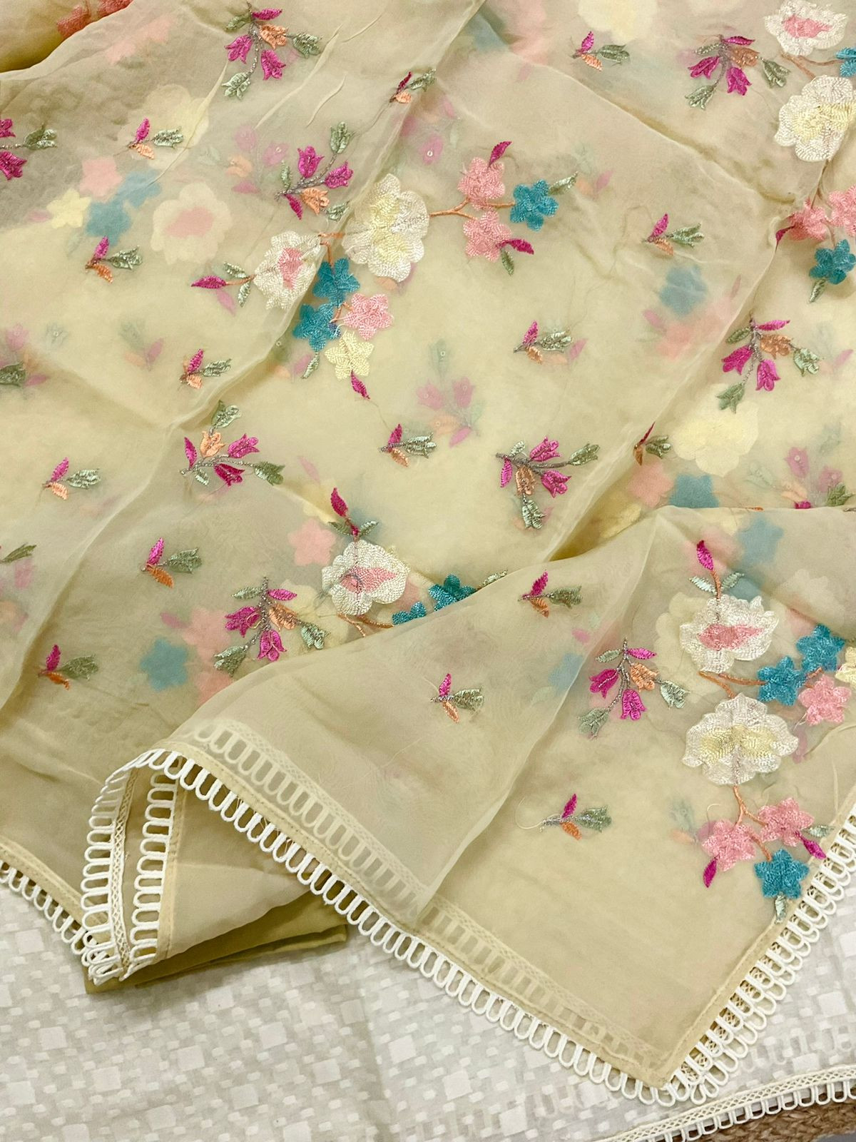 Pure Chanderi Self Weaved Embroidered Suit - Cream