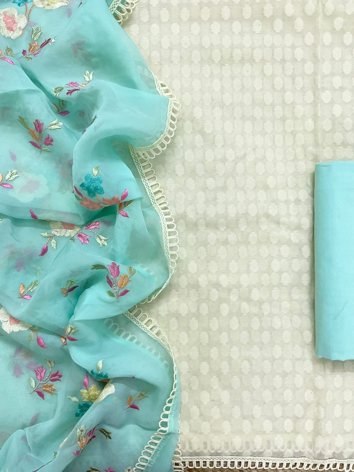 Pure Chanderi Self Weaved Embroidered Suit - Cream