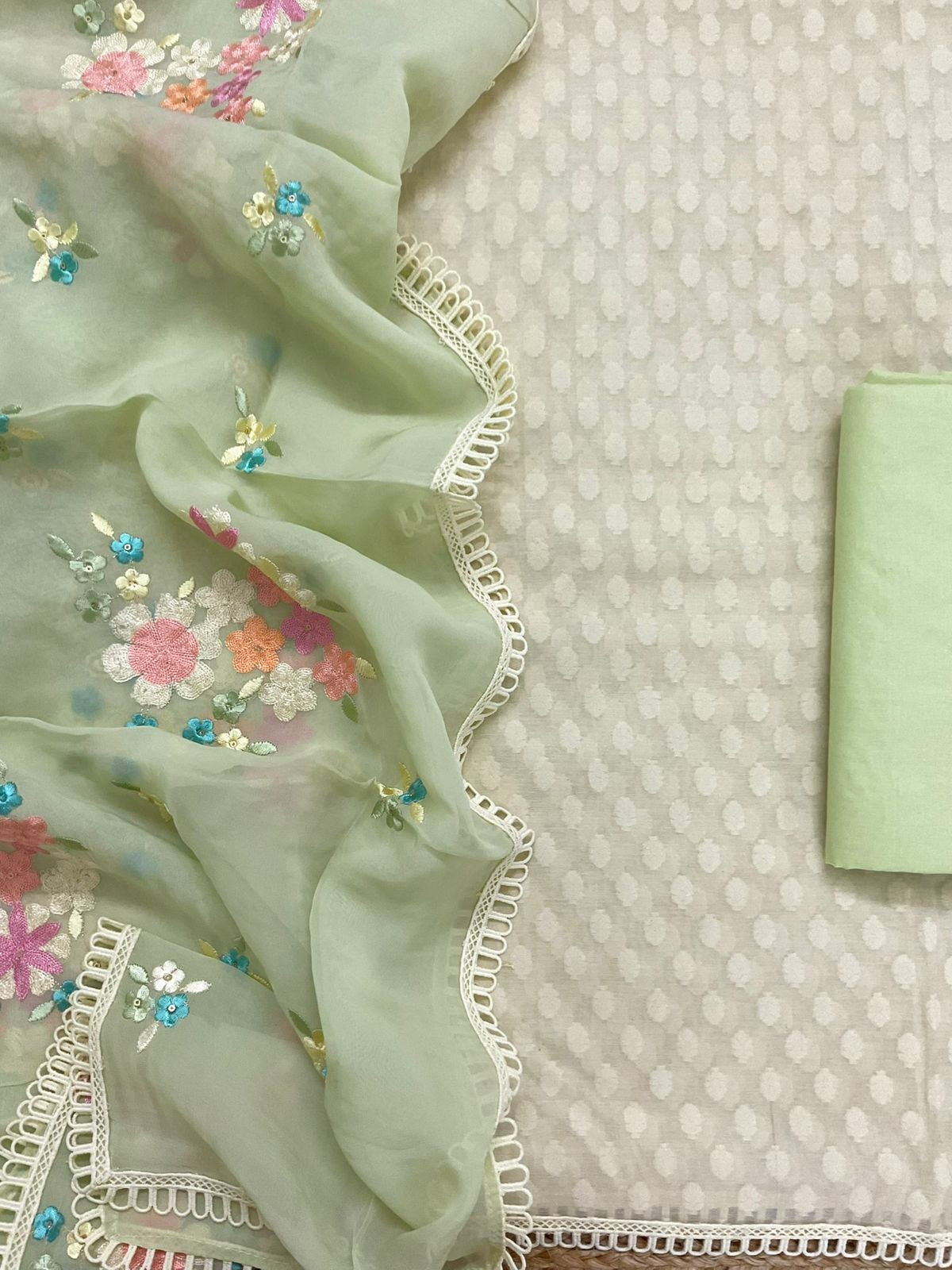 Pure Chanderi Self Weaved Embroidered Suit - Cream