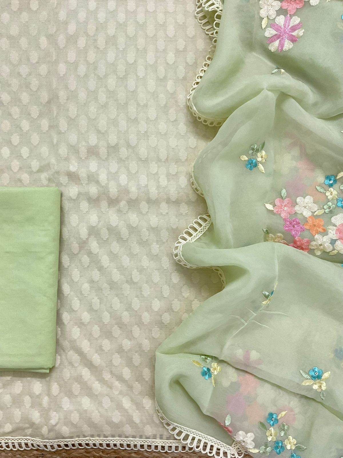 Pure Chanderi Self Weaved Embroidered Suit - Cream