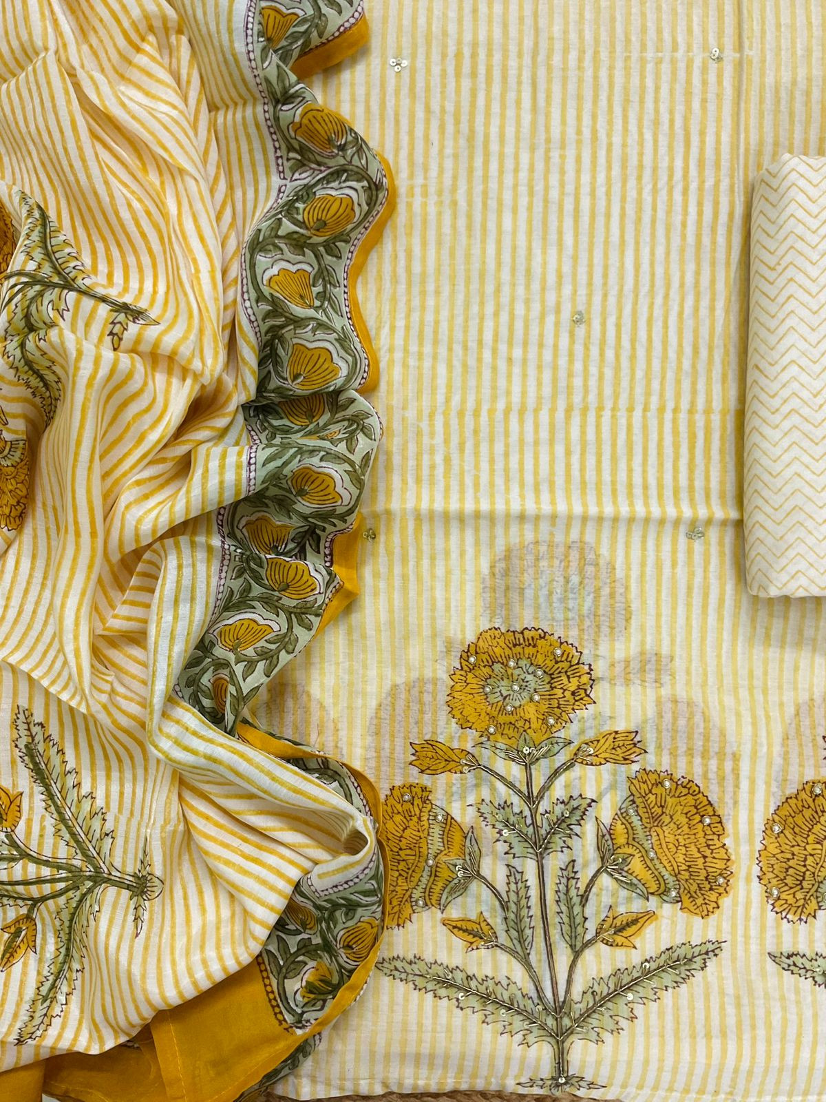 Pure Chanderi Printed Embroidered Suit - Yellow