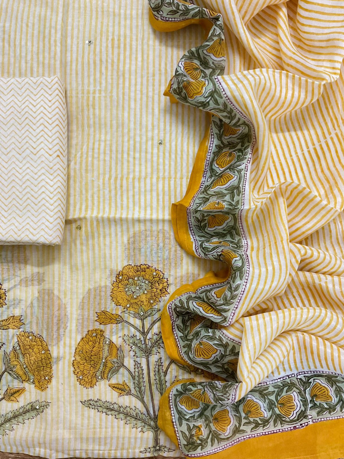 Pure Chanderi Printed Embroidered Suit - Yellow