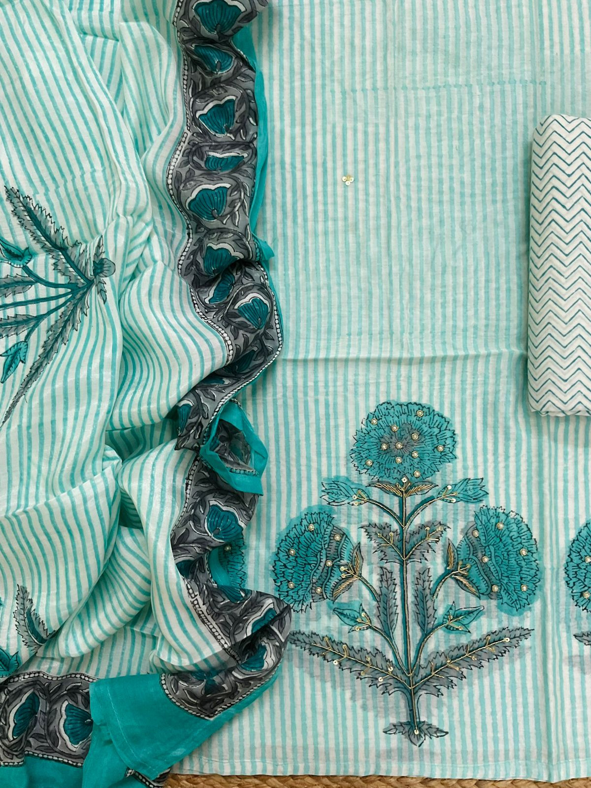 Pure Chanderi Printed Embroidered Suit - Blue