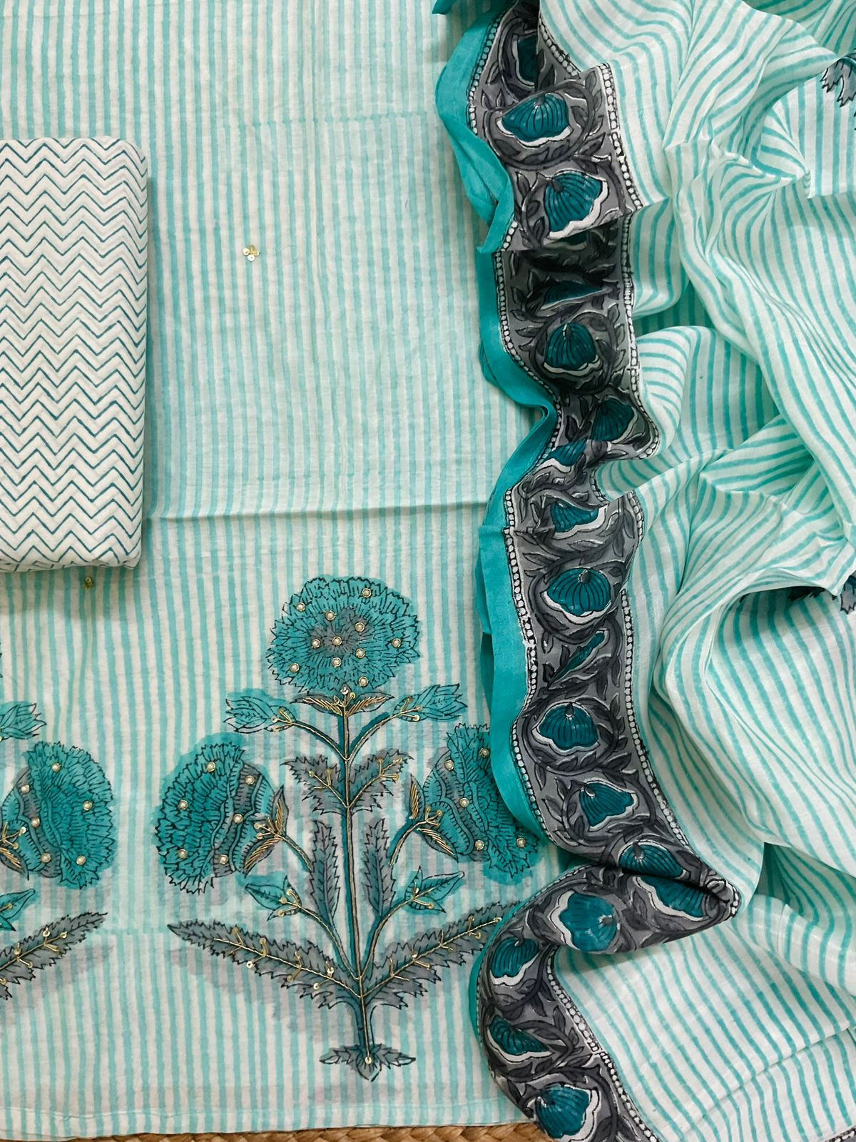 Pure Chanderi Printed Embroidered Suit - Blue