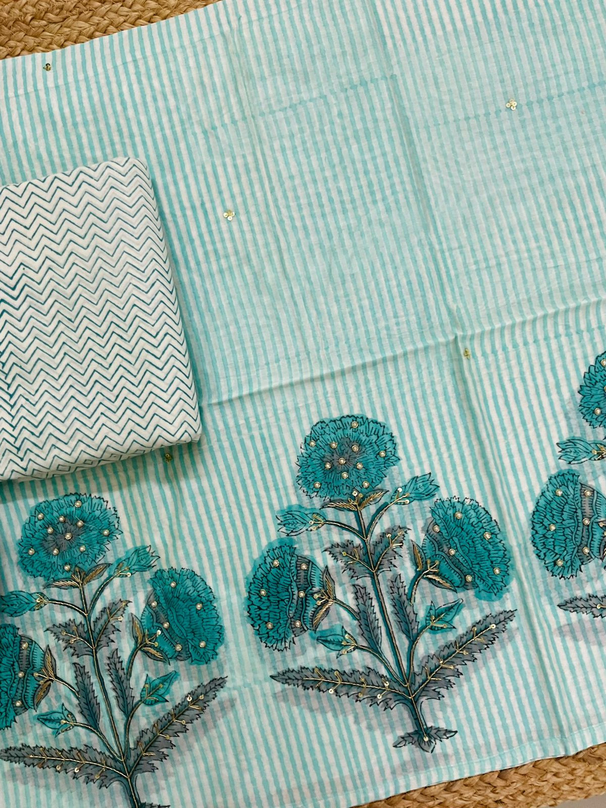 Pure Chanderi Printed Embroidered Suit - Blue