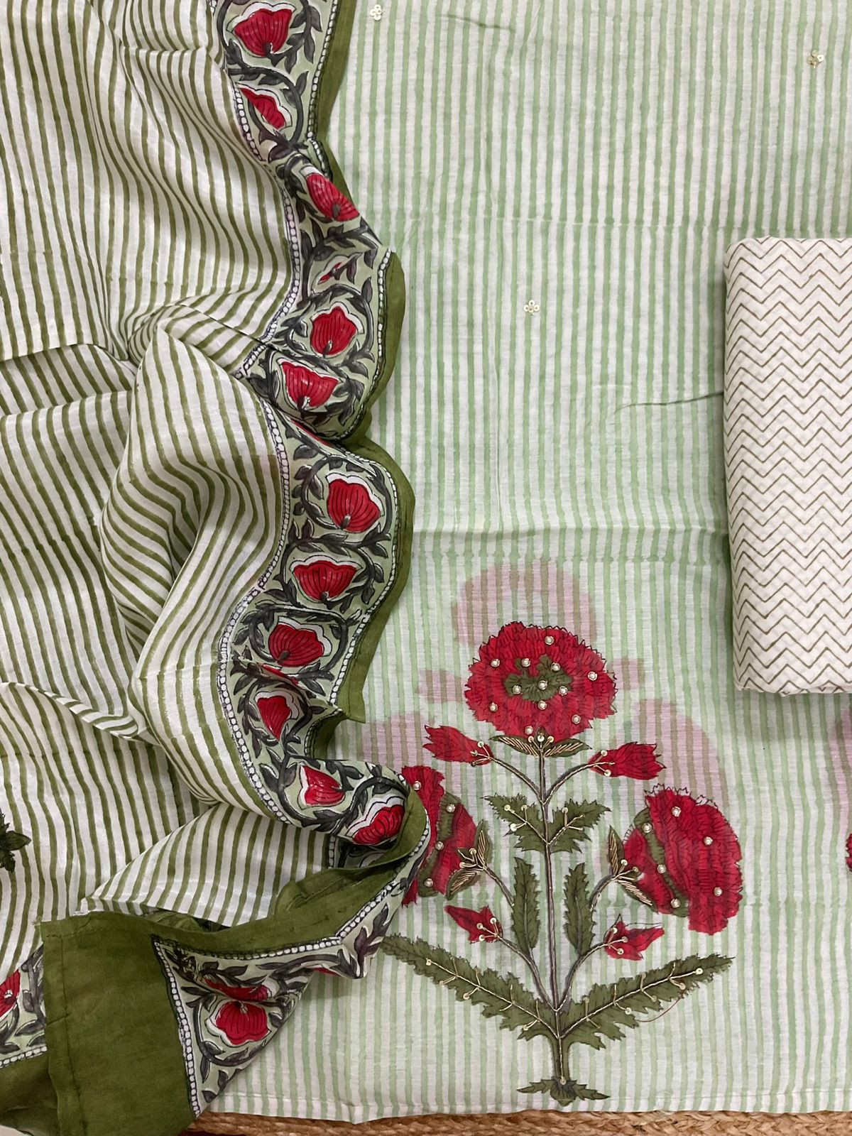 Pure Chanderi Printed Embroidered Suit - Green