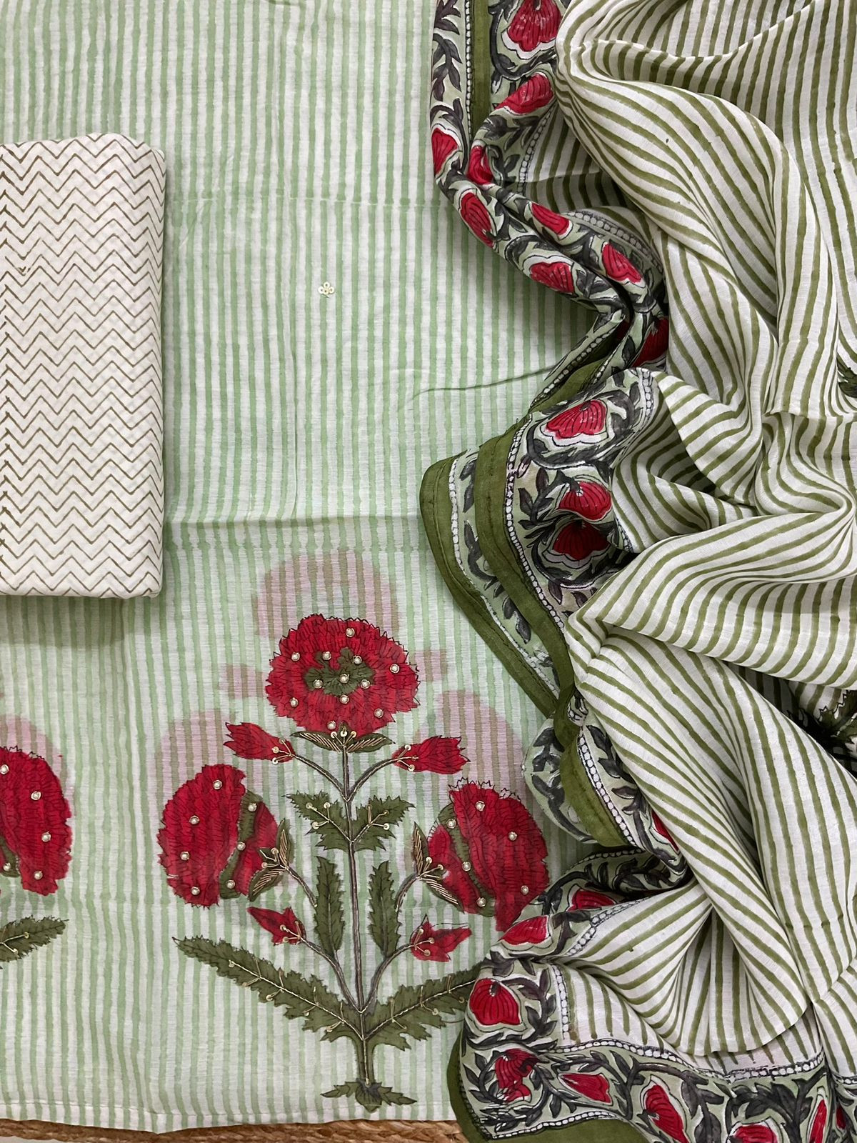 Pure Chanderi Printed Embroidered Suit - Green