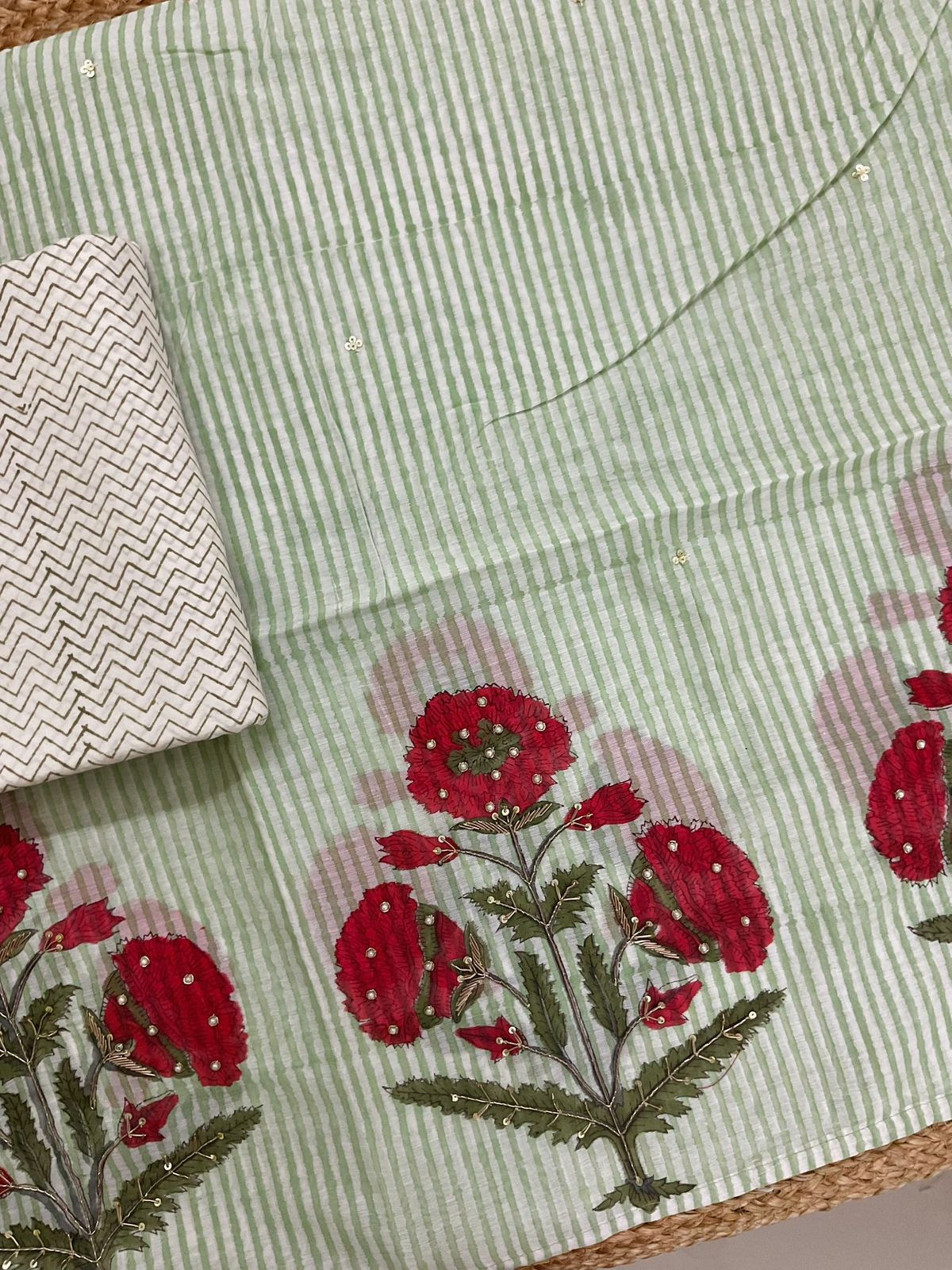 Pure Chanderi Printed Embroidered Suit - Green