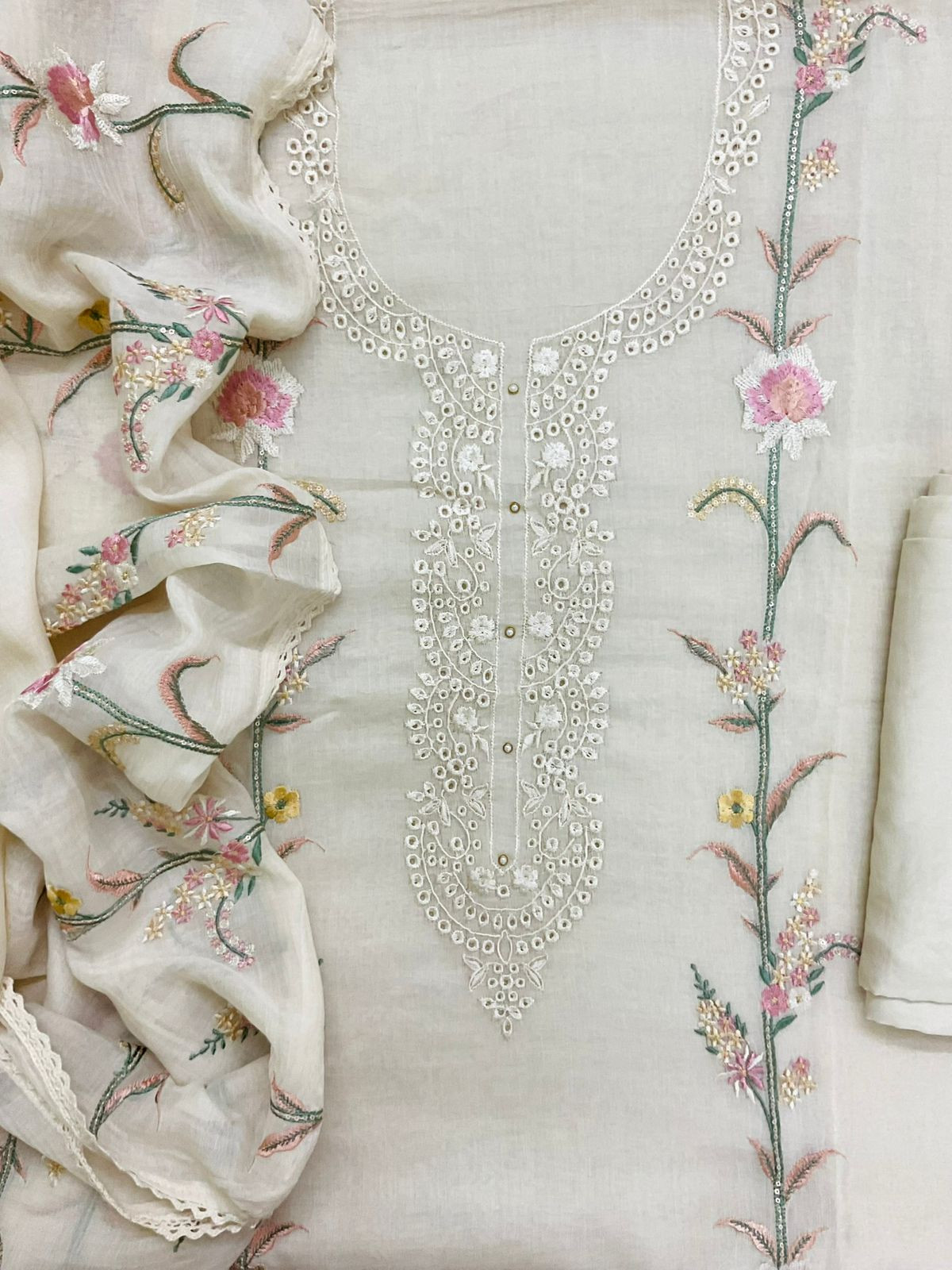 Pure Mul Chanderi Embroidered Suit - Offwhite